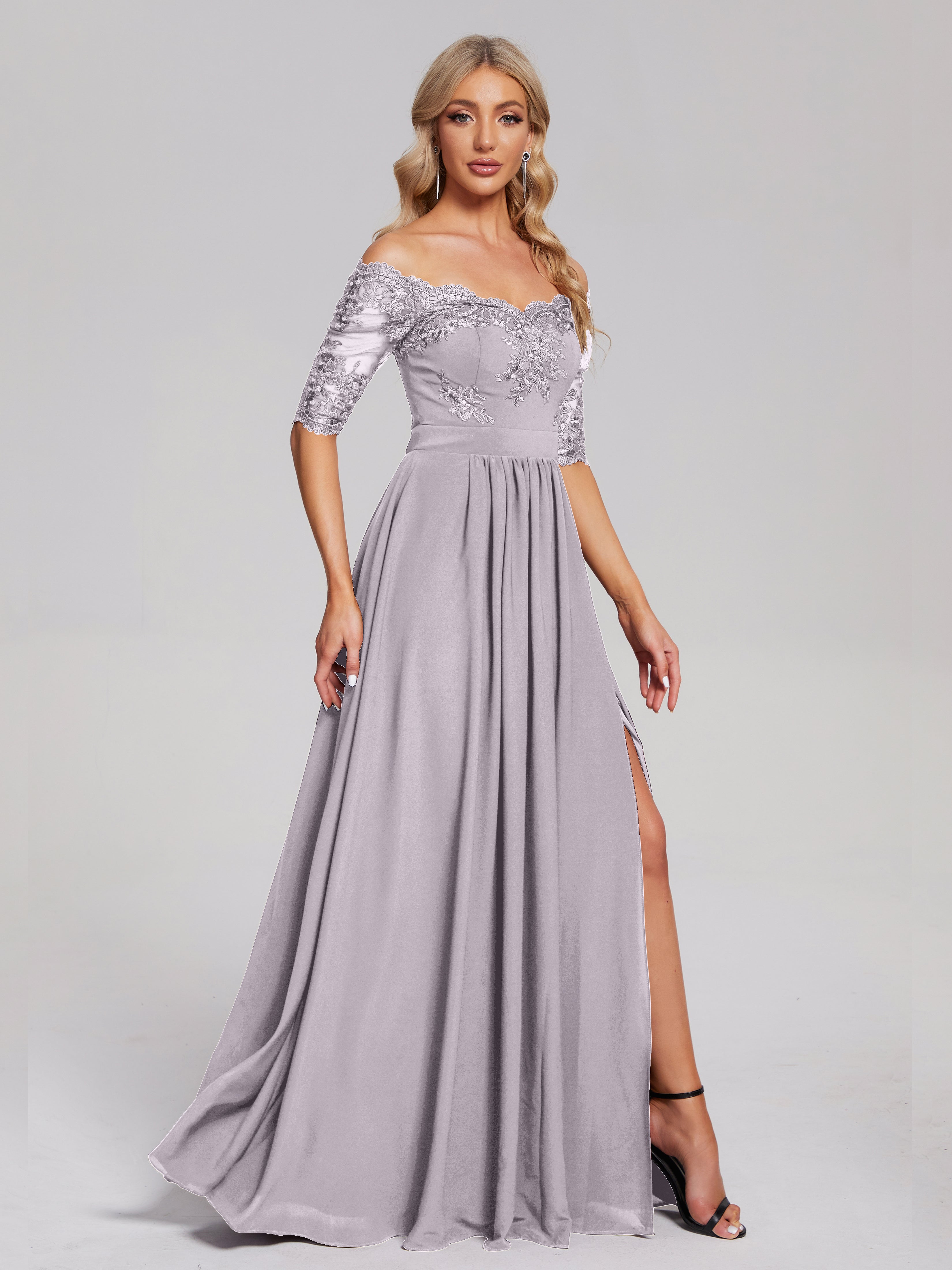 Keira Off the Shoulder Appliqued Lace Chiffon Bridesmaid Dress