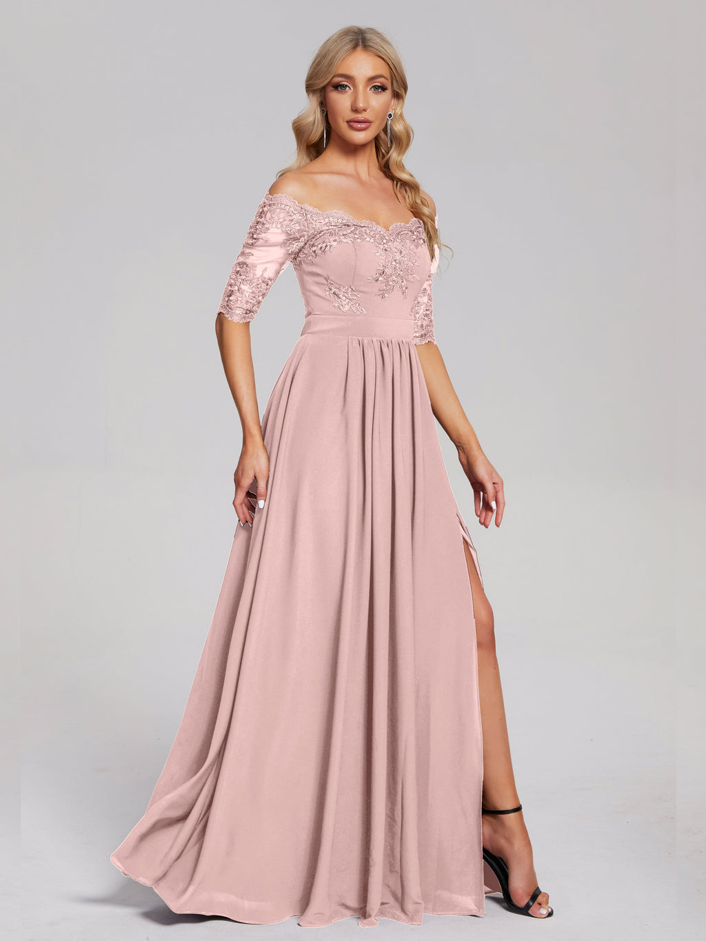 Keira Off the Shoulder Appliqued Lace Chiffon Bridesmaid Dress