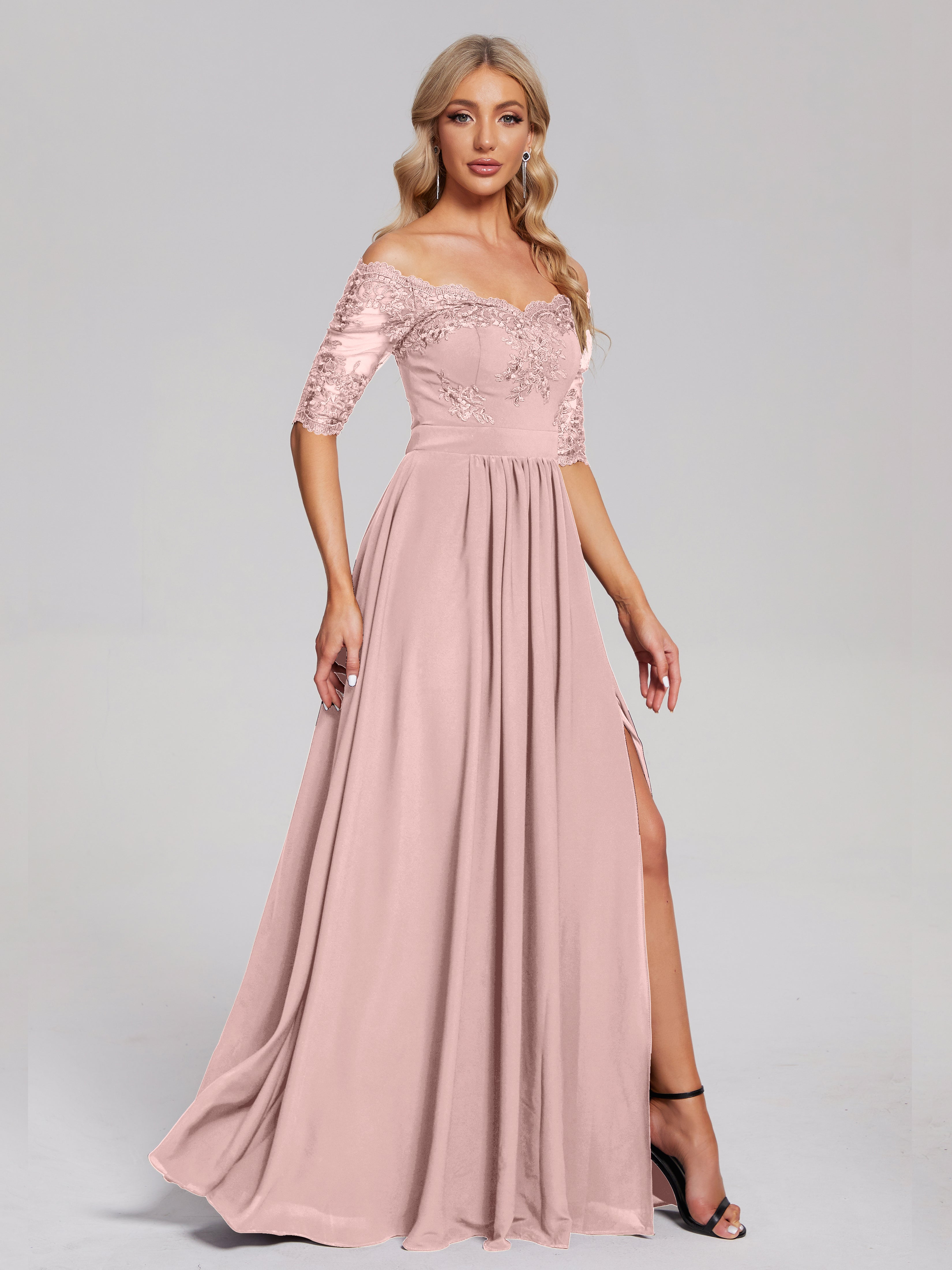 Keira Off the Shoulder Appliqued Lace Chiffon Bridesmaid Dress