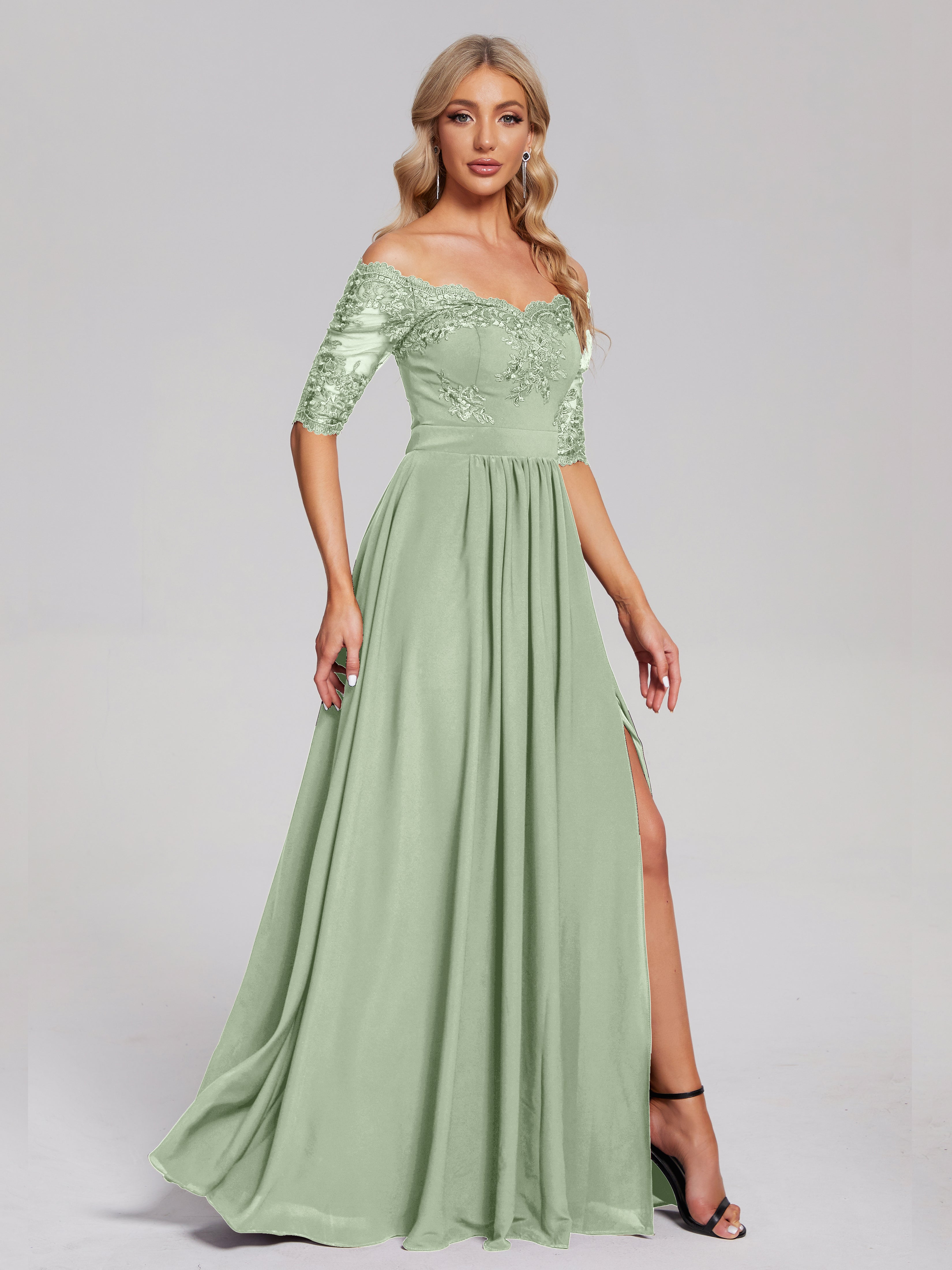 Keira Off the Shoulder Appliqued Lace Chiffon Bridesmaid Dress