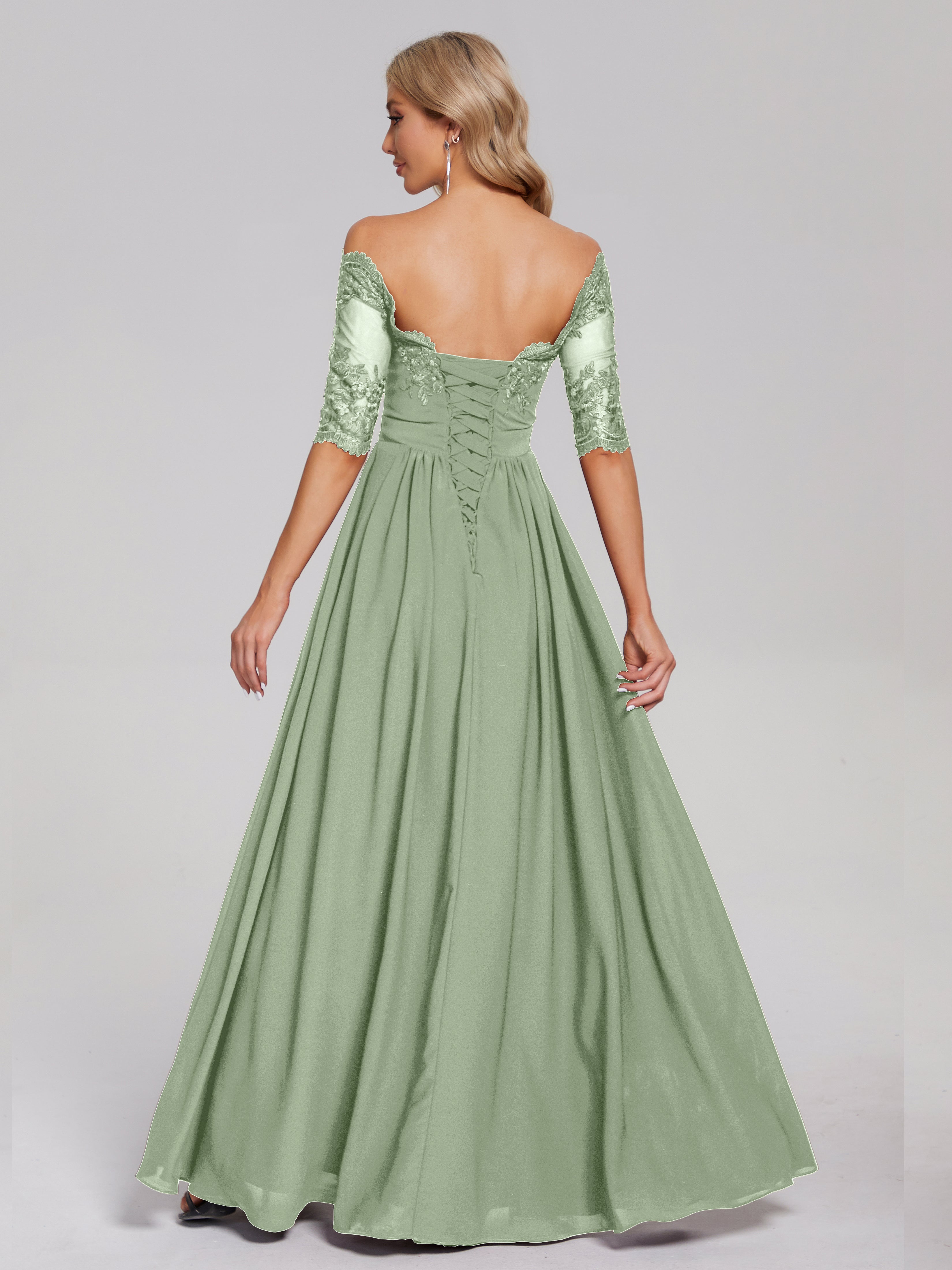 Keira Off the Shoulder Appliqued Lace Chiffon Bridesmaid Dress