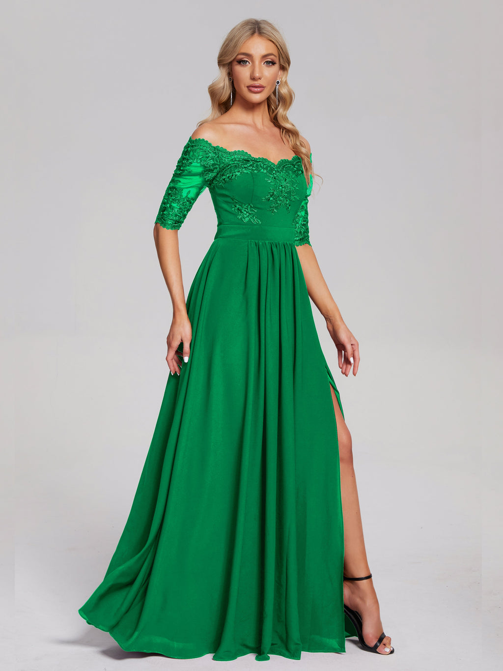 Keira Off the Shoulder Appliqued Lace Chiffon Bridesmaid Dress