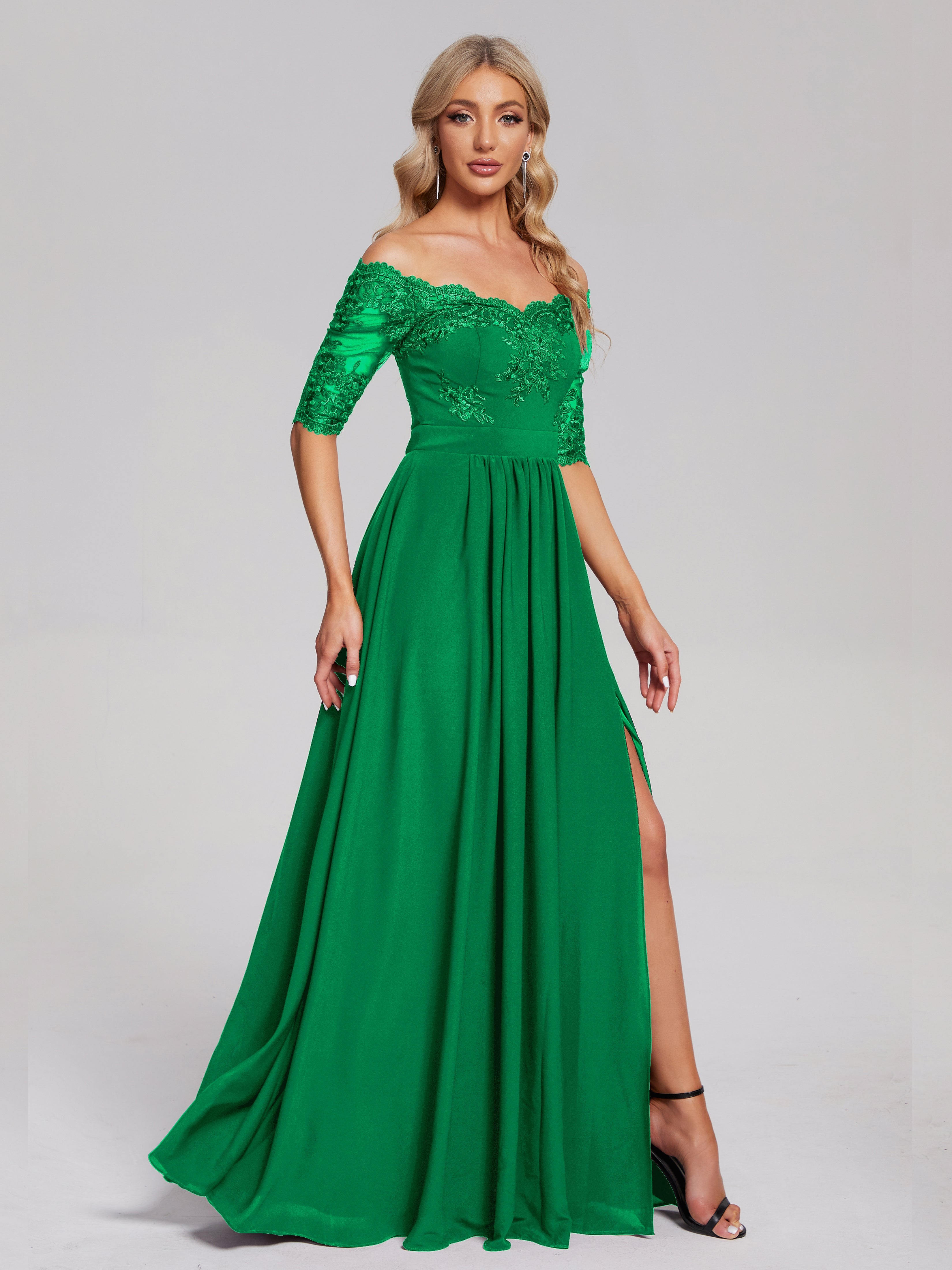 Keira Off the Shoulder Appliqued Lace Chiffon Bridesmaid Dress