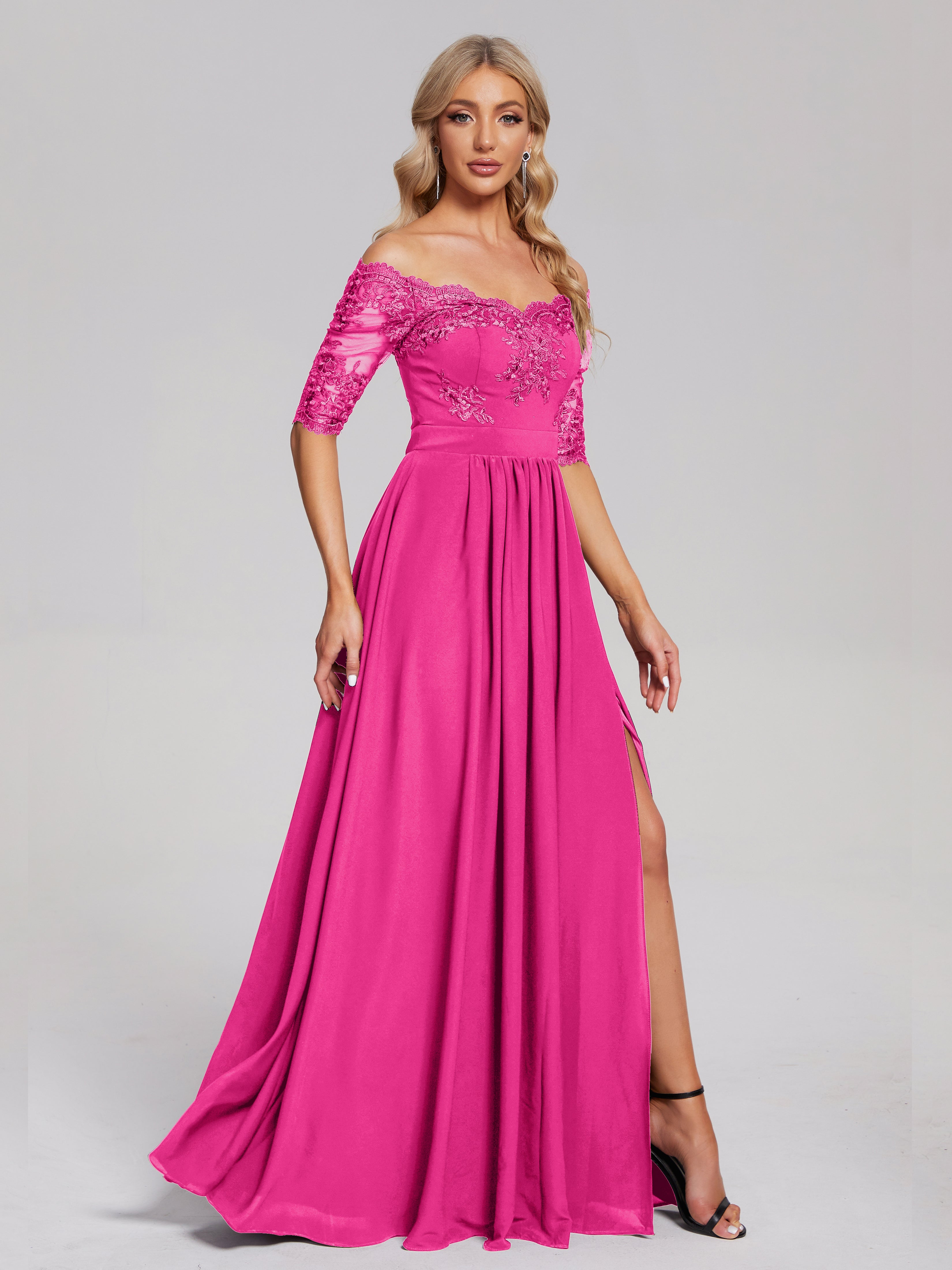 Keira Off the Shoulder Appliqued Lace Chiffon Bridesmaid Dress