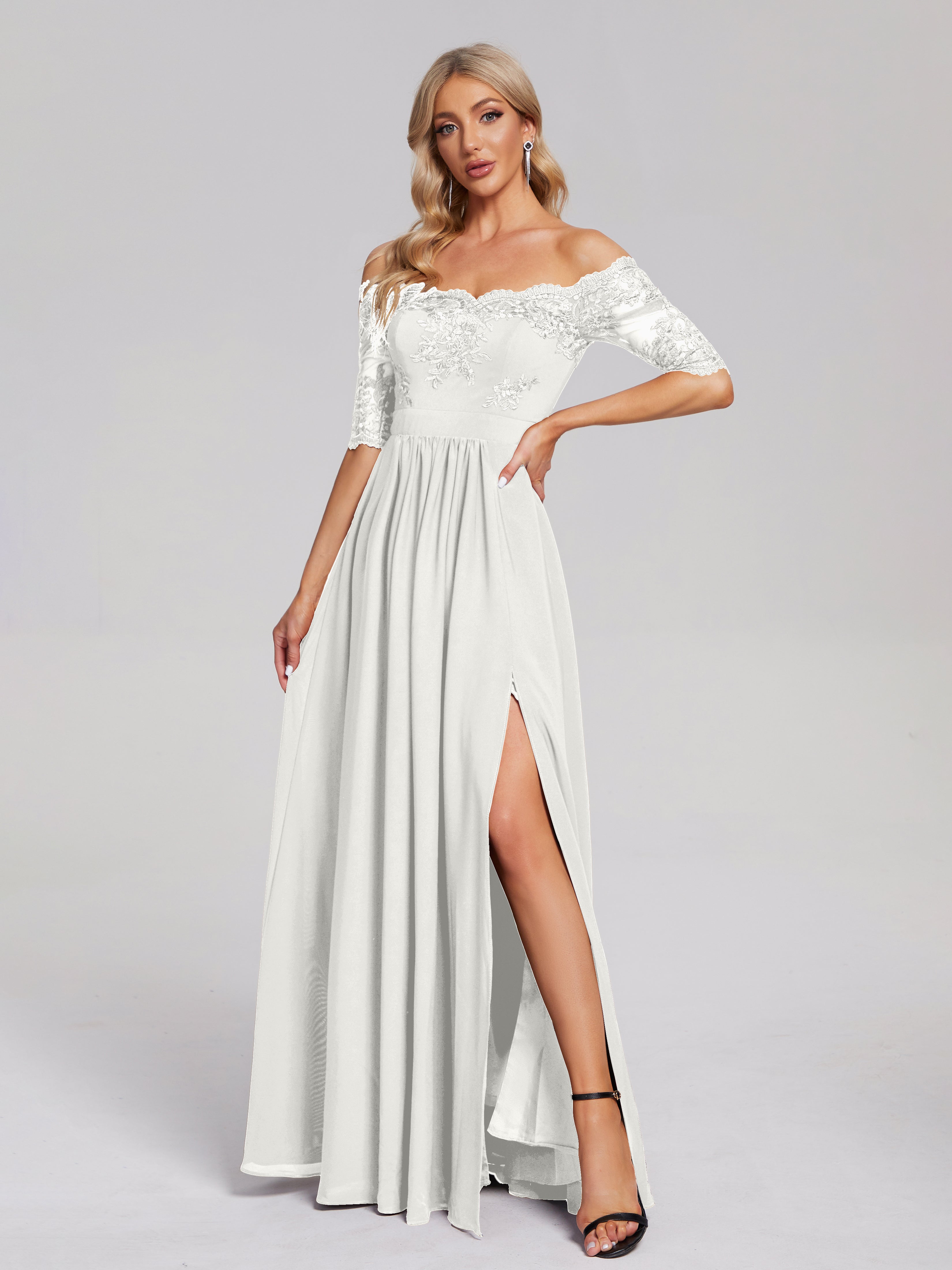 Keira Off the Shoulder Appliqued Lace Chiffon Bridesmaid Dress