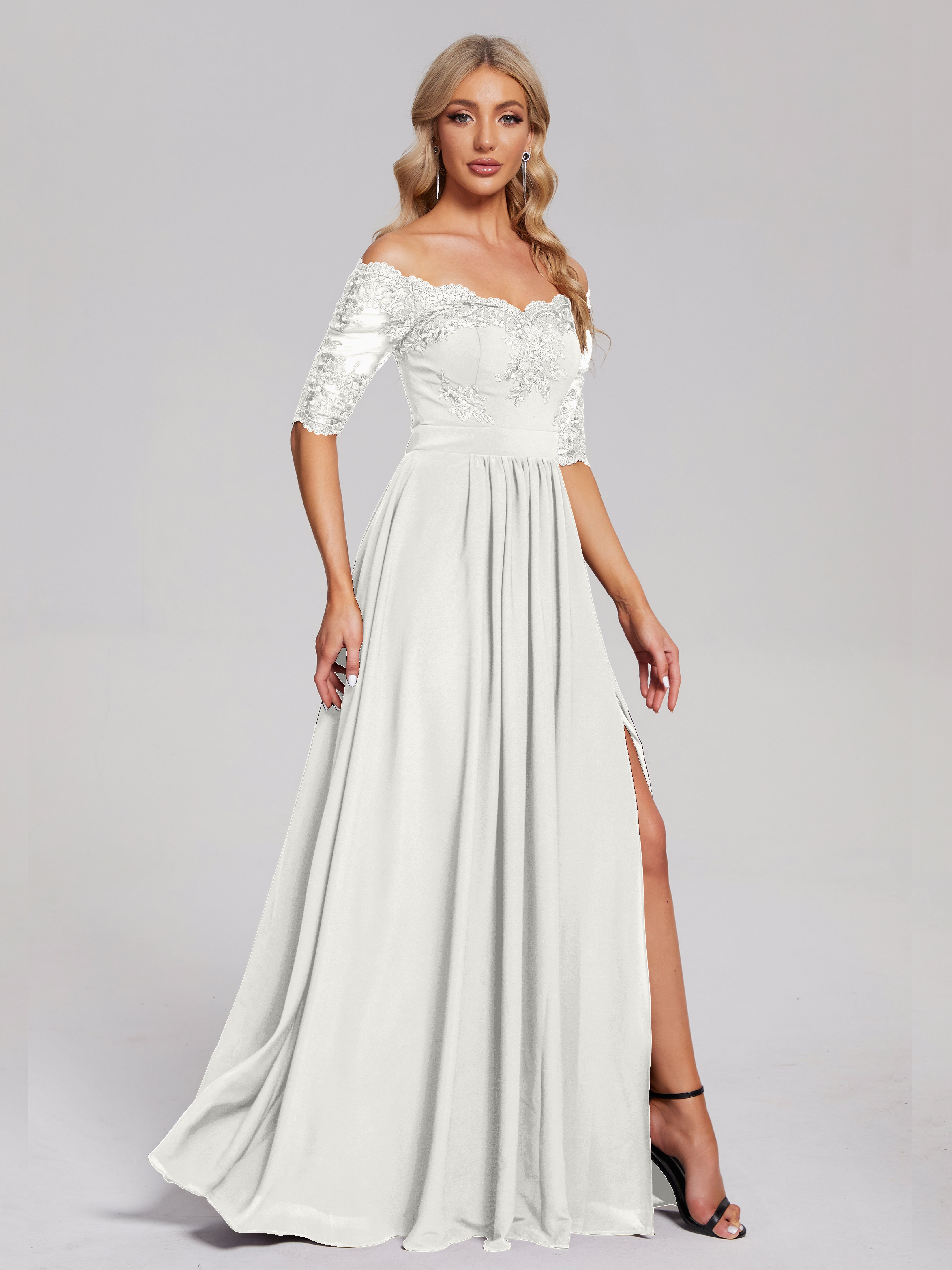 Keira Off the Shoulder Appliqued Lace Chiffon Bridesmaid Dress