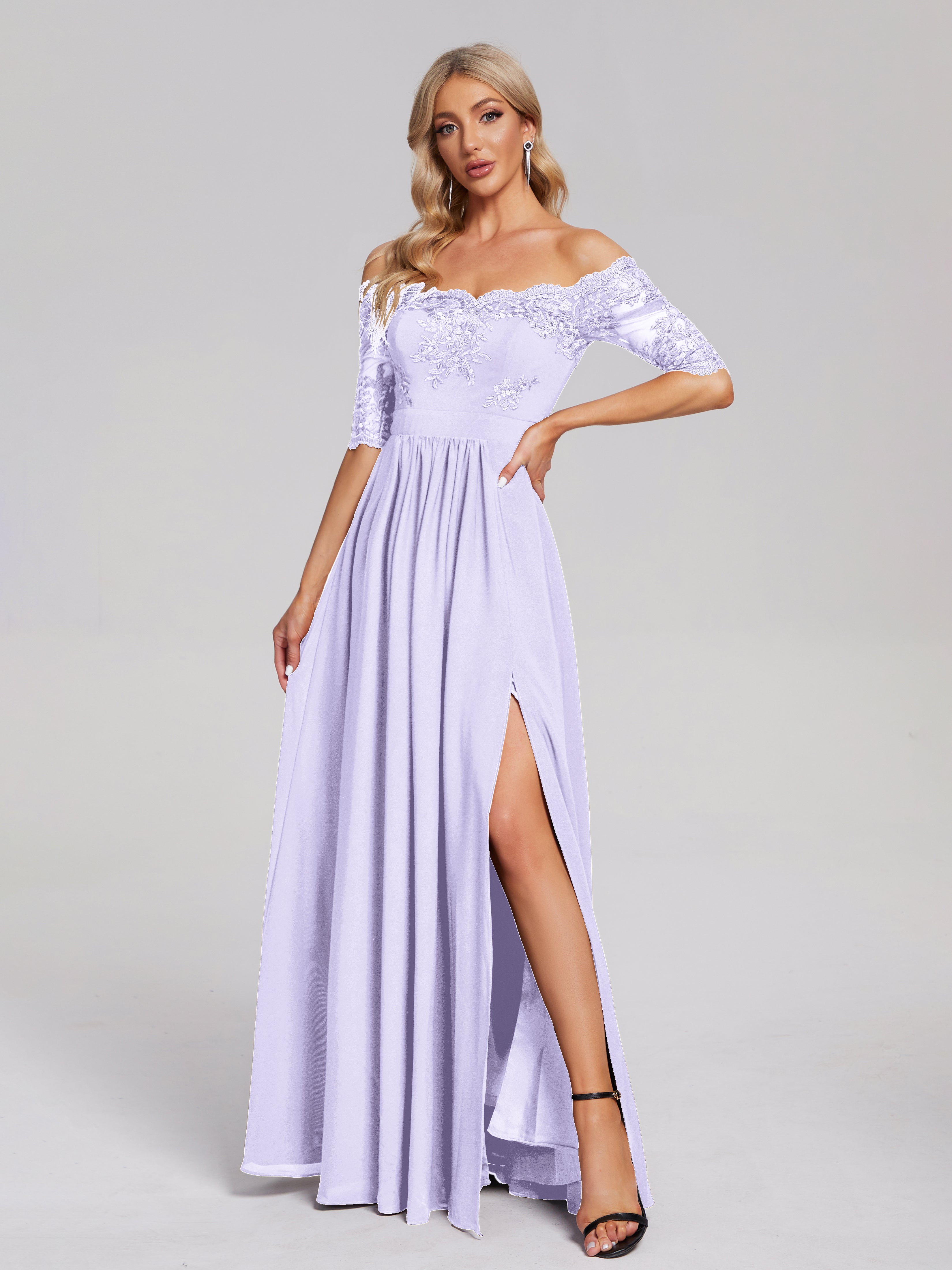 Keira Off the Shoulder Appliqued Lace Chiffon Bridesmaid Dress