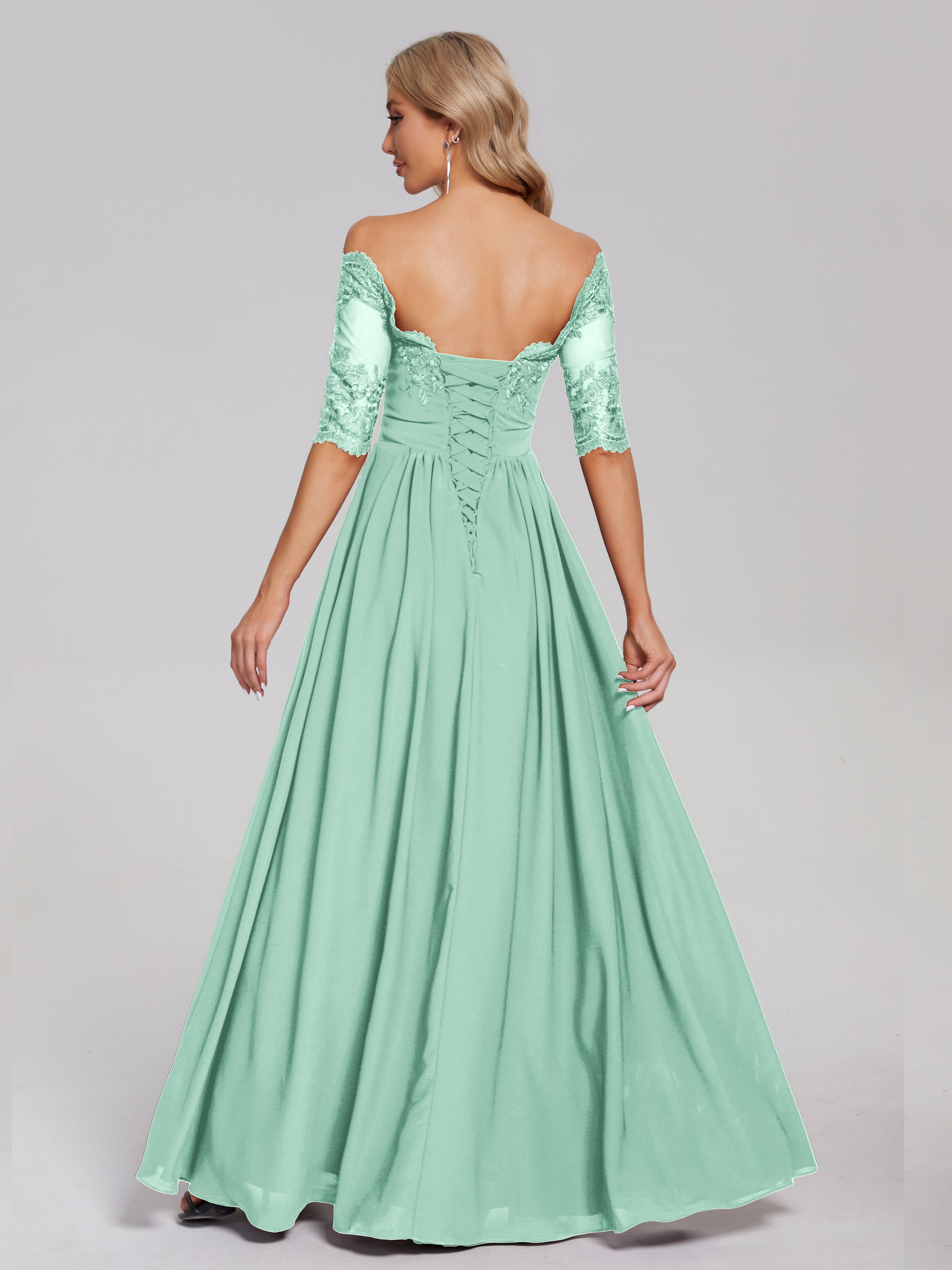 Keira Off the Shoulder Appliqued Lace Chiffon Bridesmaid Dress
