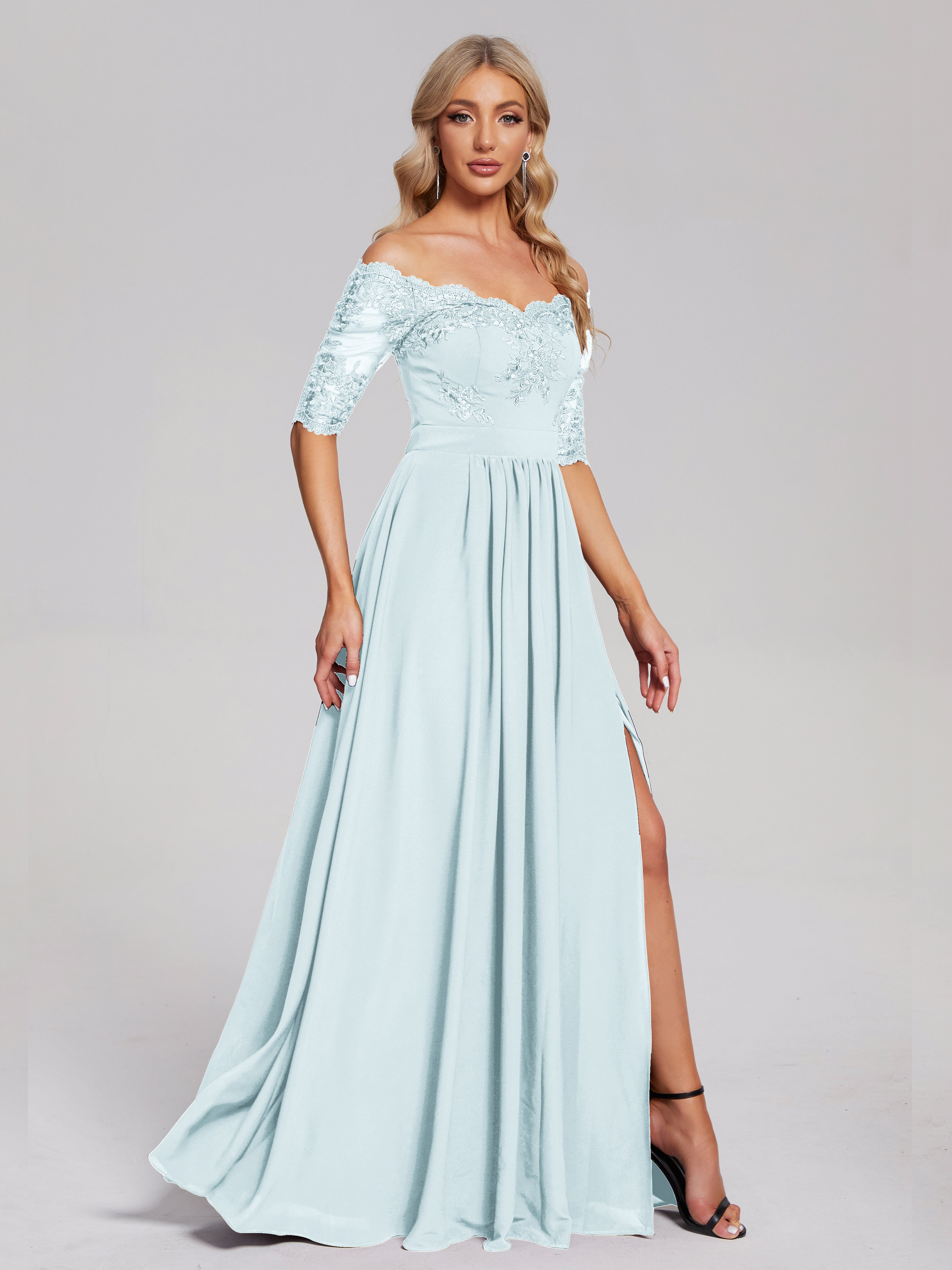 Keira Off the Shoulder Appliqued Lace Chiffon Bridesmaid Dress