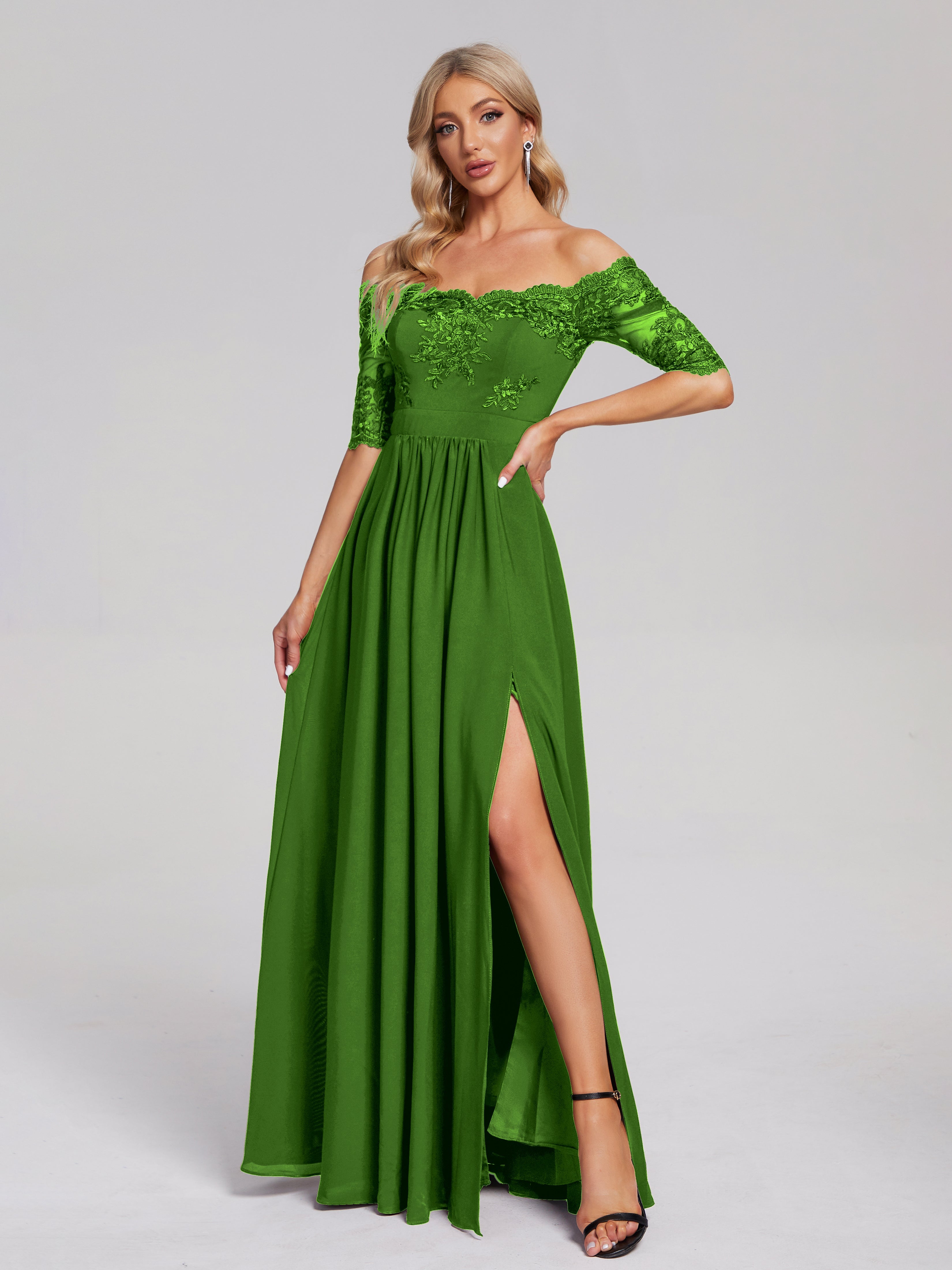 Keira Off the Shoulder Appliqued Lace Chiffon Bridesmaid Dress