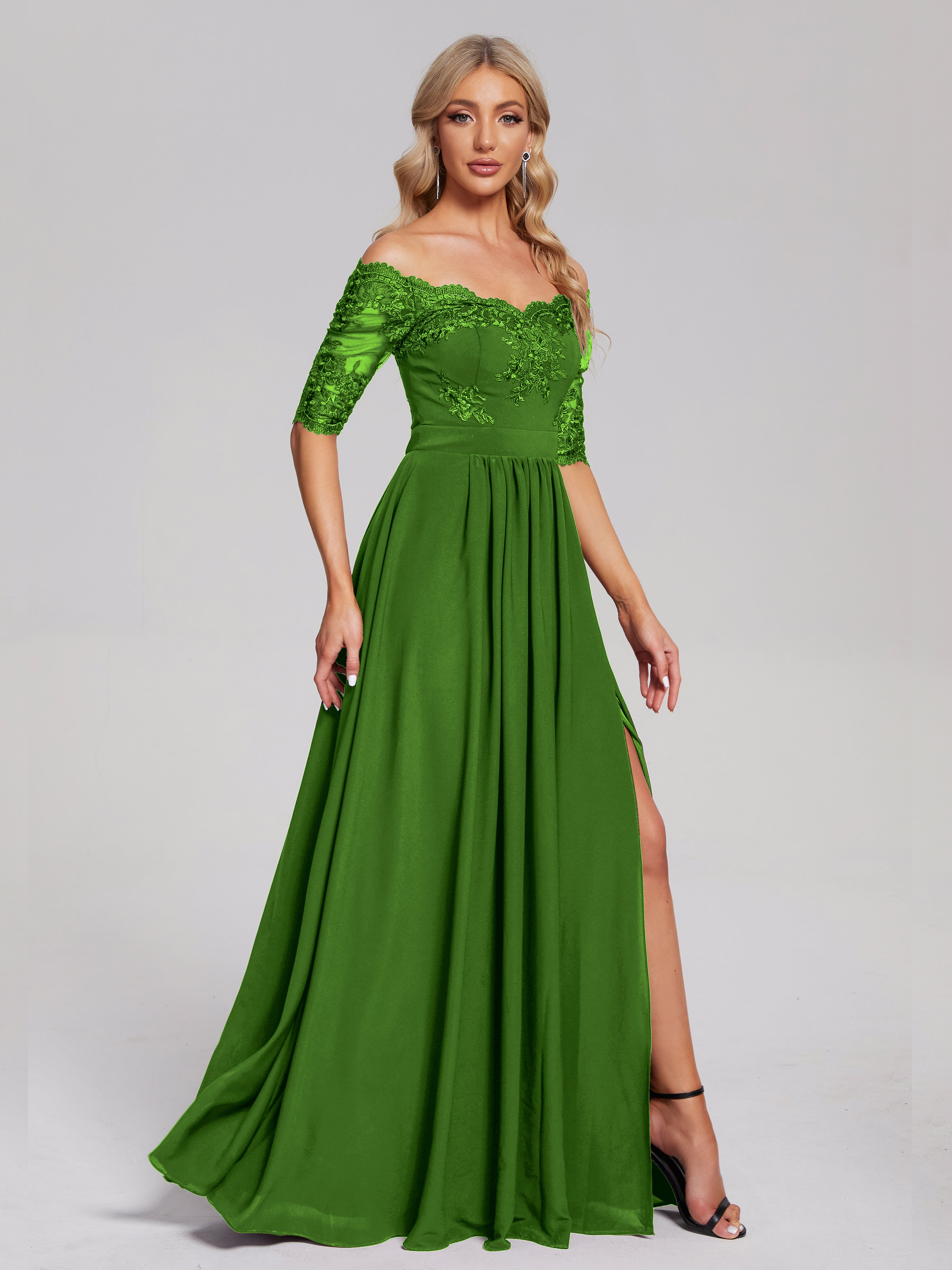 Keira Off the Shoulder Appliqued Lace Chiffon Bridesmaid Dress