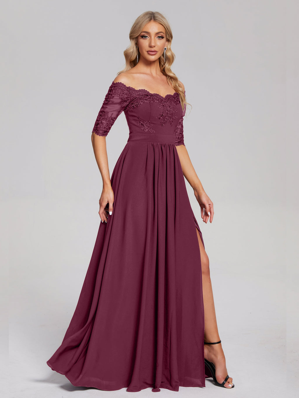 Keira Off the Shoulder Appliqued Lace Chiffon Bridesmaid Dress