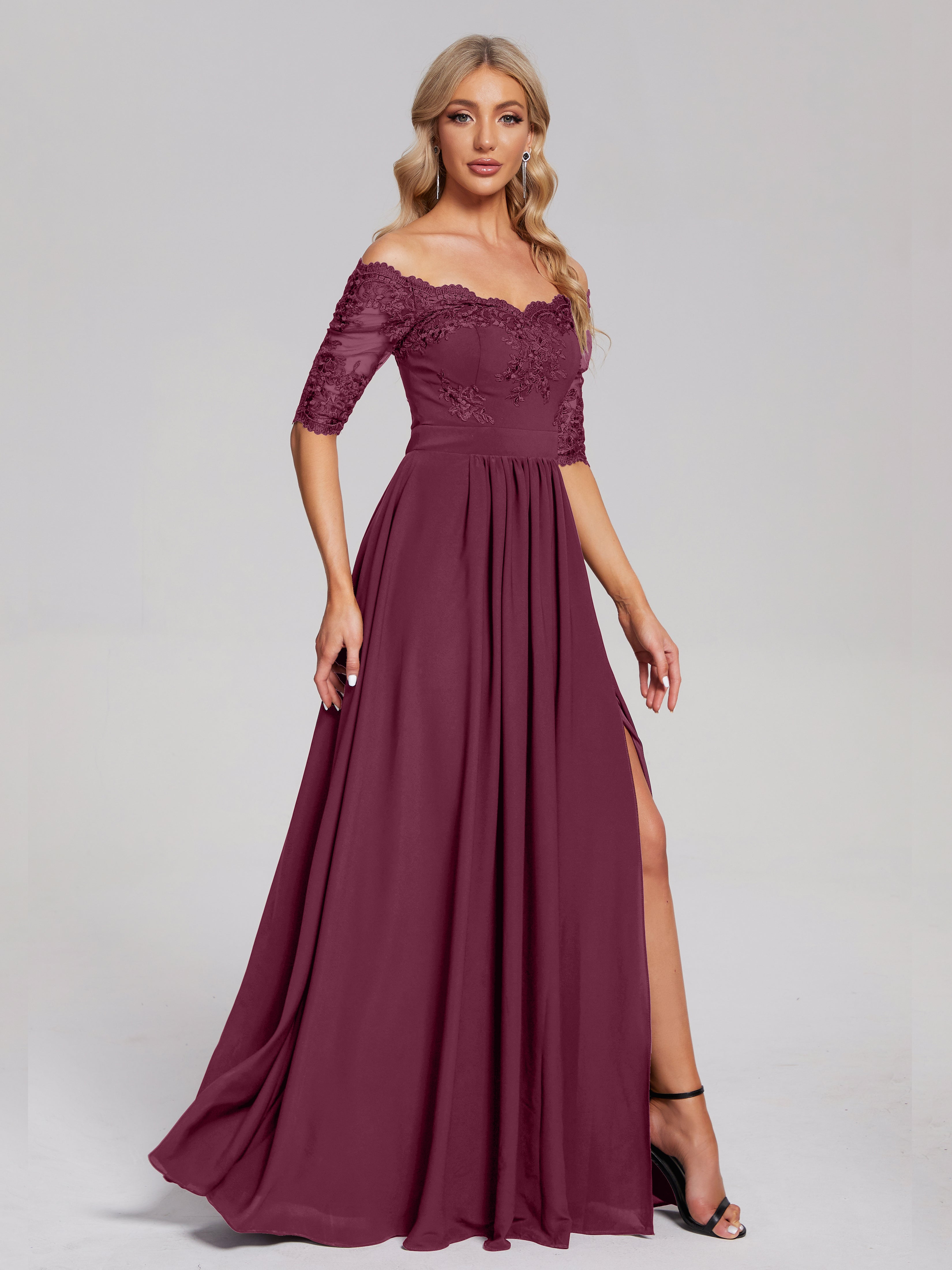 Keira Off the Shoulder Appliqued Lace Chiffon Bridesmaid Dress