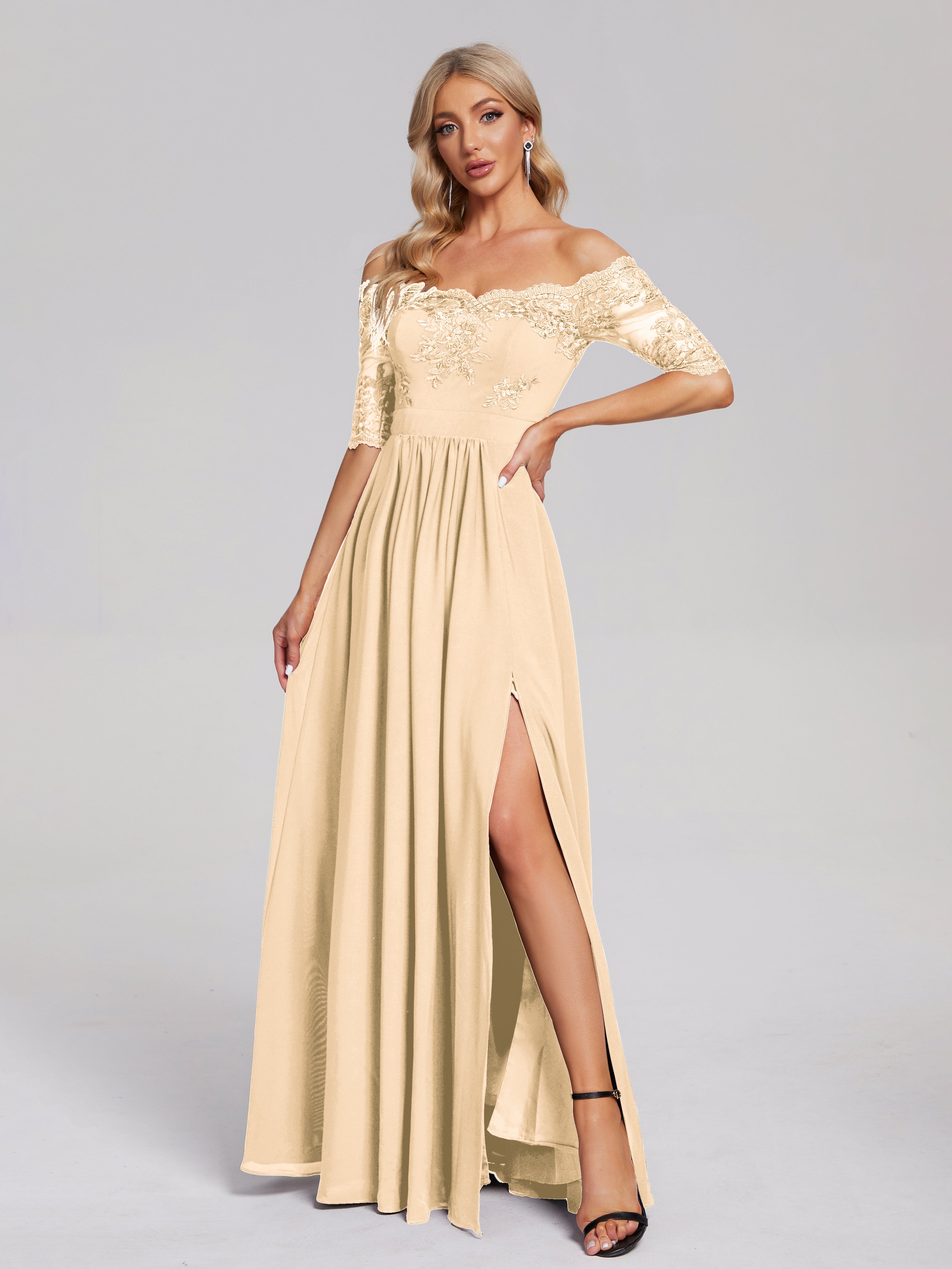 Keira Off the Shoulder Appliqued Lace Chiffon Bridesmaid Dress