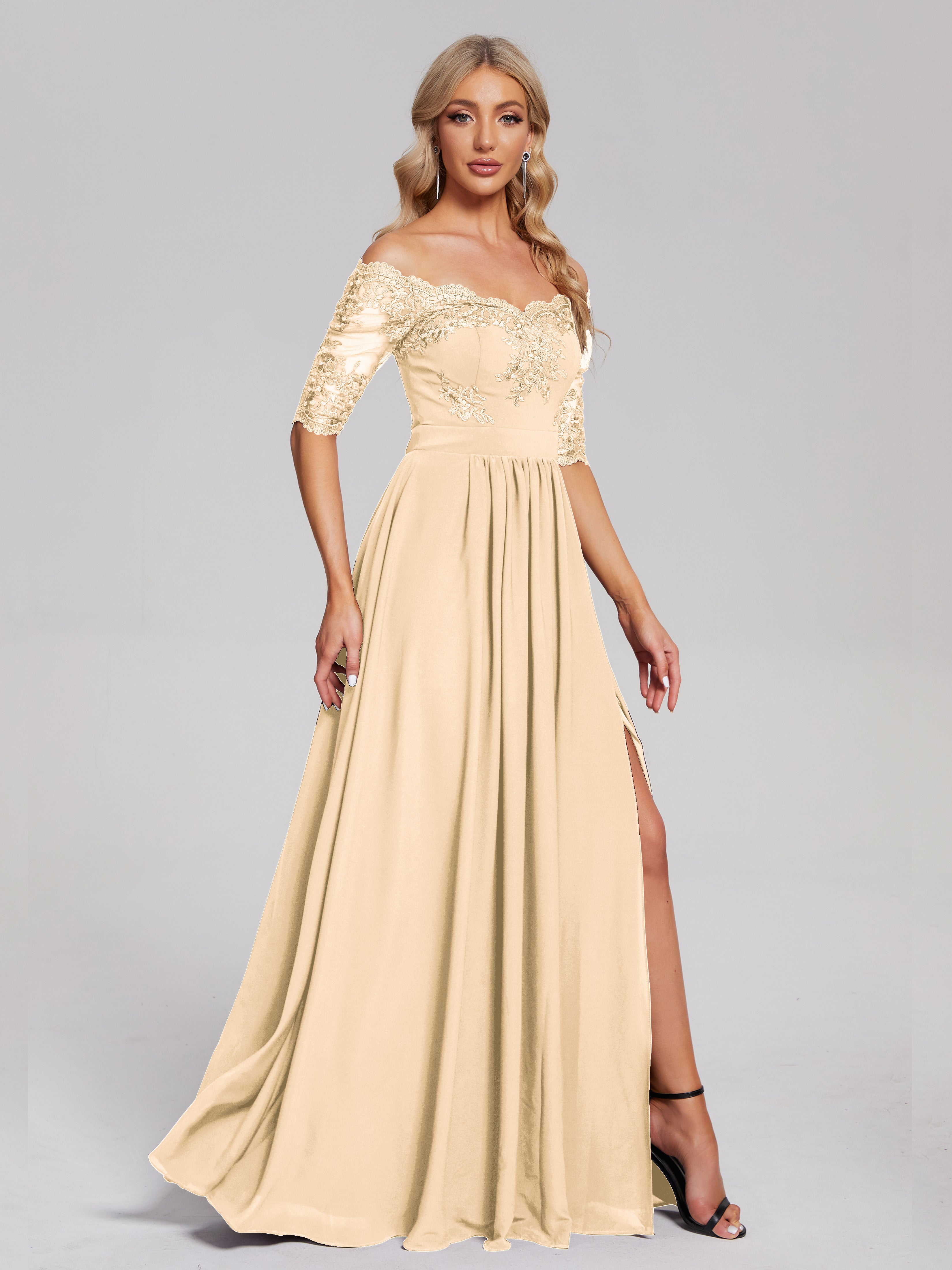 Keira Off the Shoulder Appliqued Lace Chiffon Bridesmaid Dress