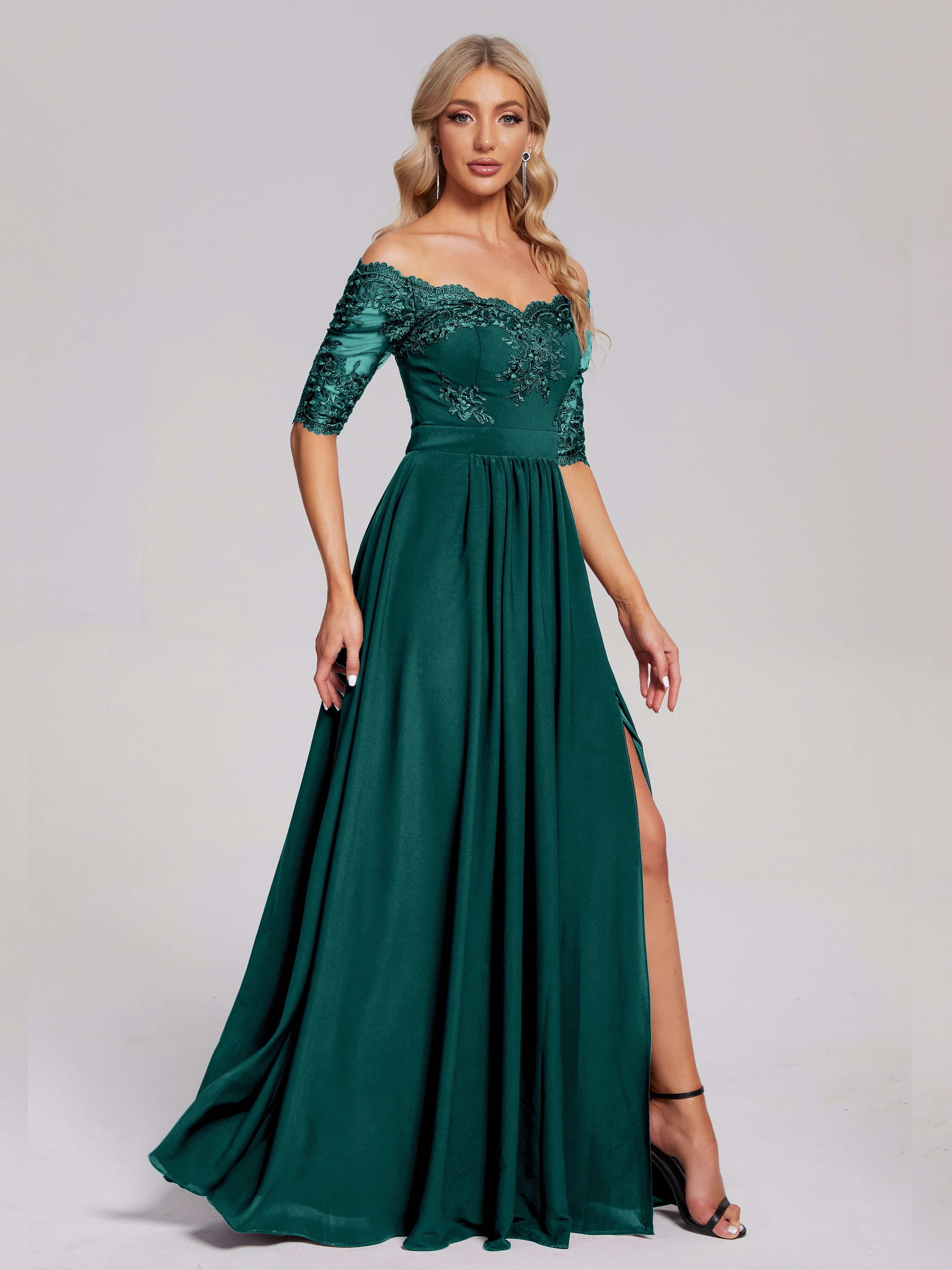 Keira Off the Shoulder Appliqued Lace Chiffon Bridesmaid Dress