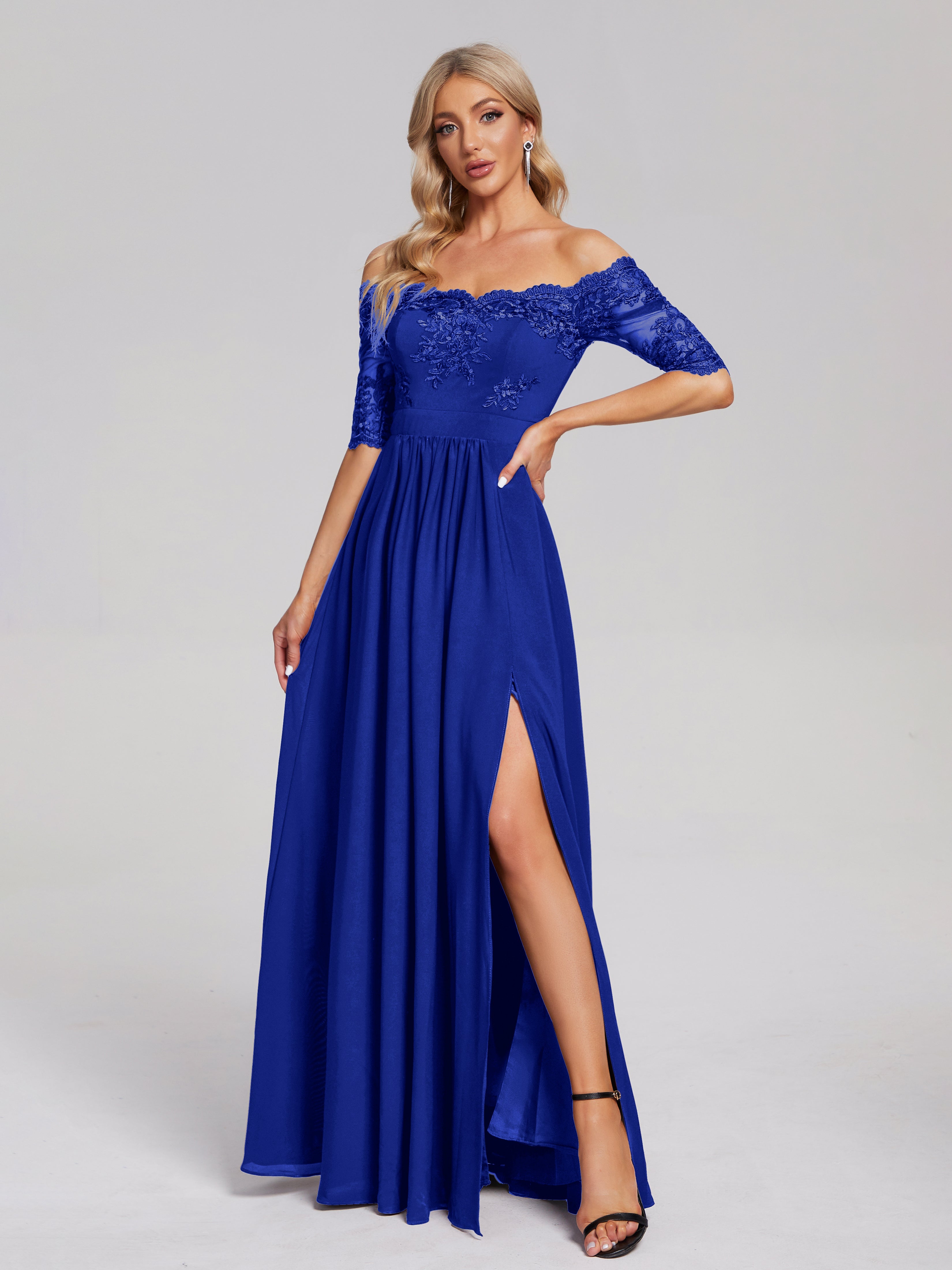 Keira Off the Shoulder Appliqued Lace Chiffon Bridesmaid Dress
