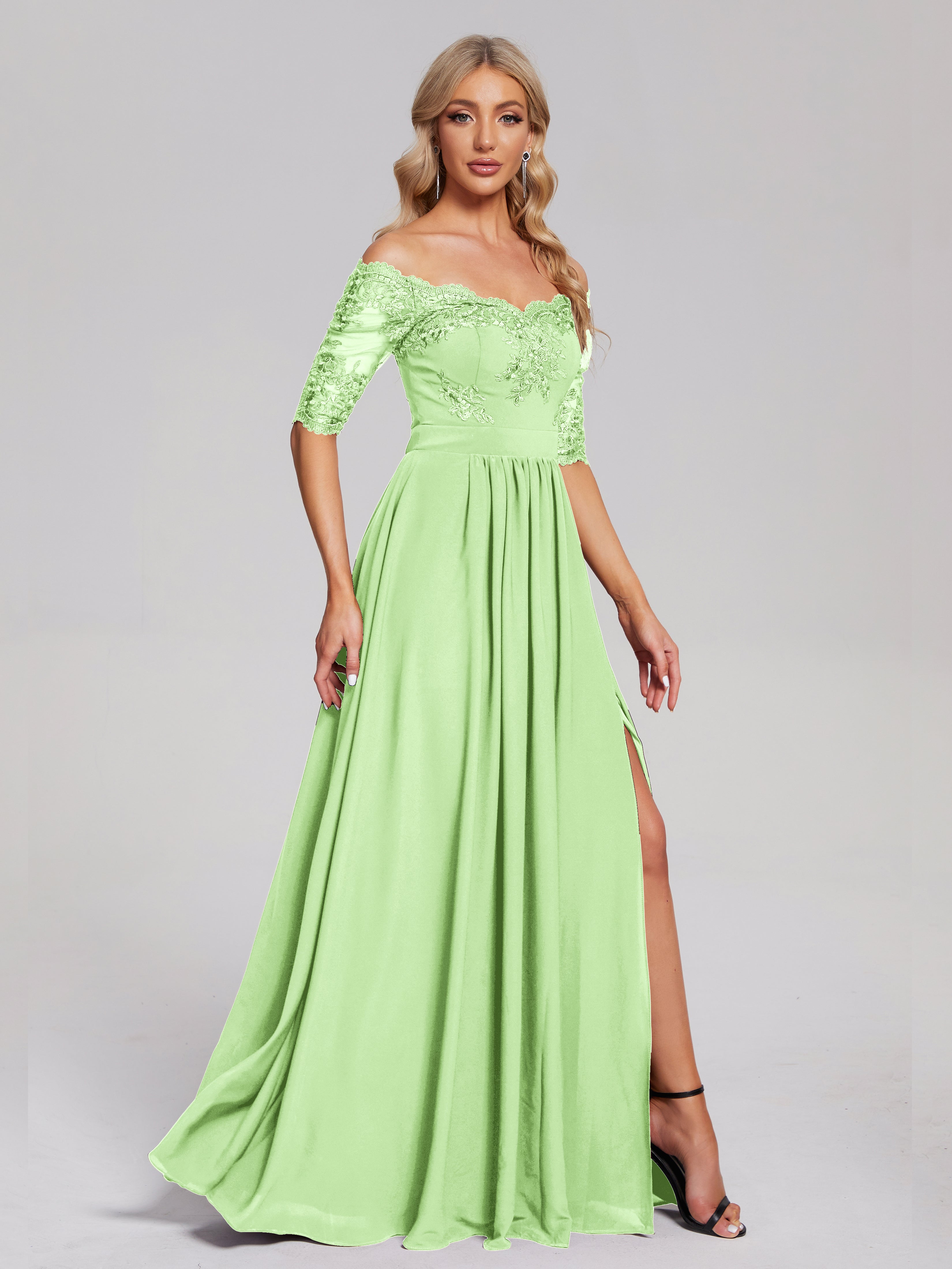 Keira Off the Shoulder Appliqued Lace Chiffon Bridesmaid Dress