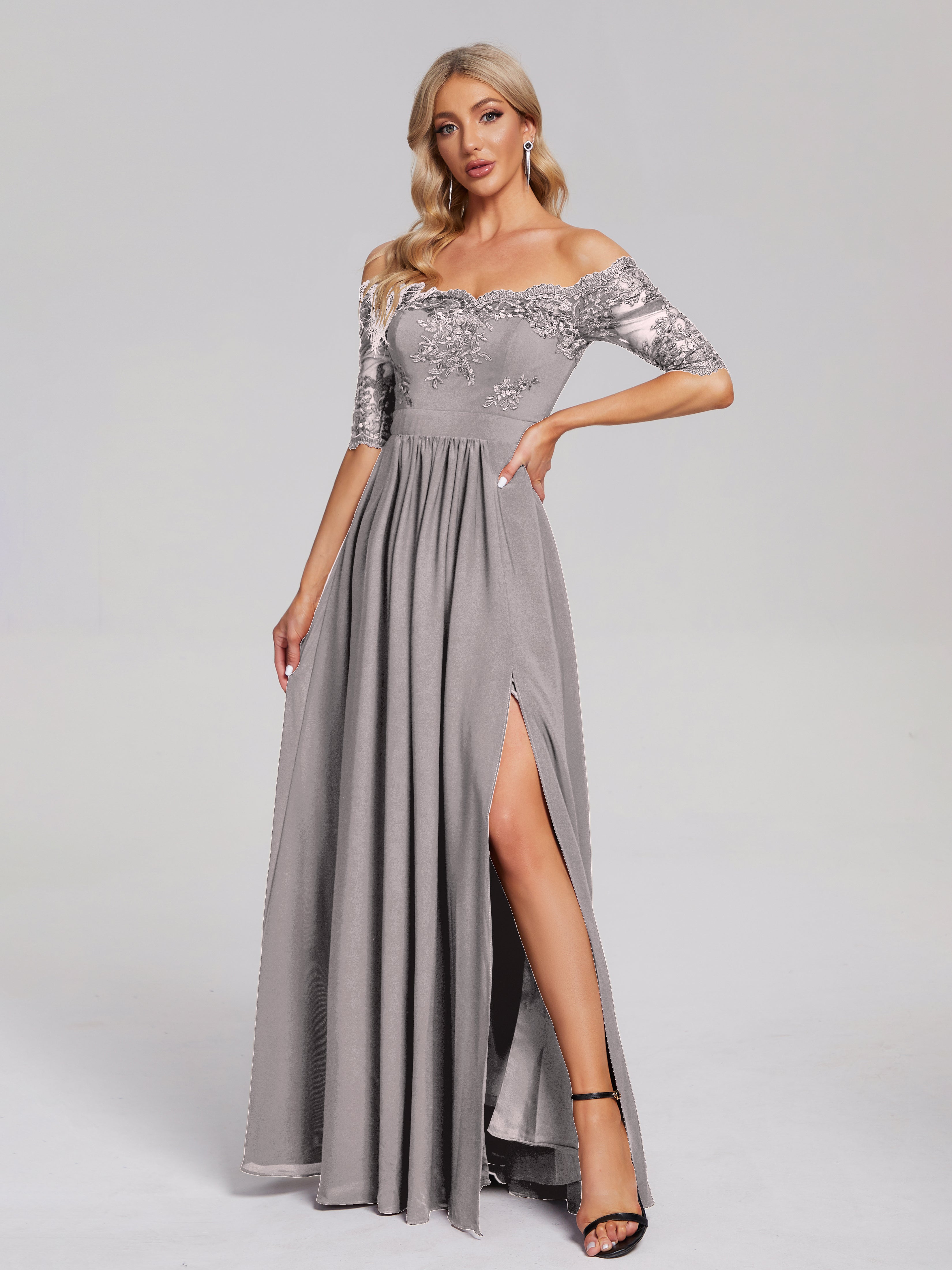 Keira Off the Shoulder Appliqued Lace Chiffon Bridesmaid Dress