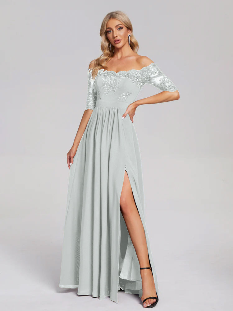 Keira Off the Shoulder Appliqued Lace Chiffon Bridesmaid Dress