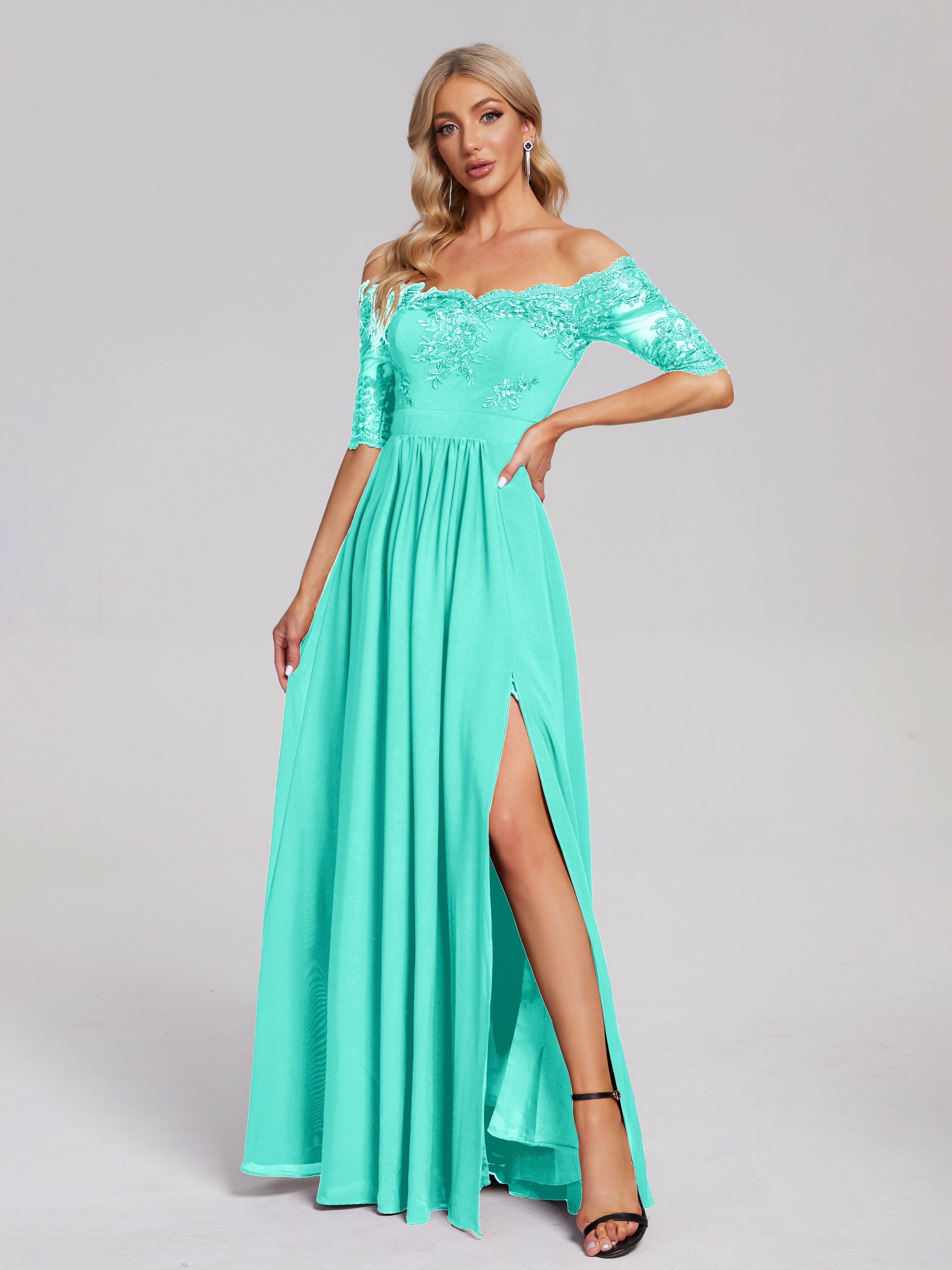 Keira Off the Shoulder Appliqued Lace Chiffon Bridesmaid Dress