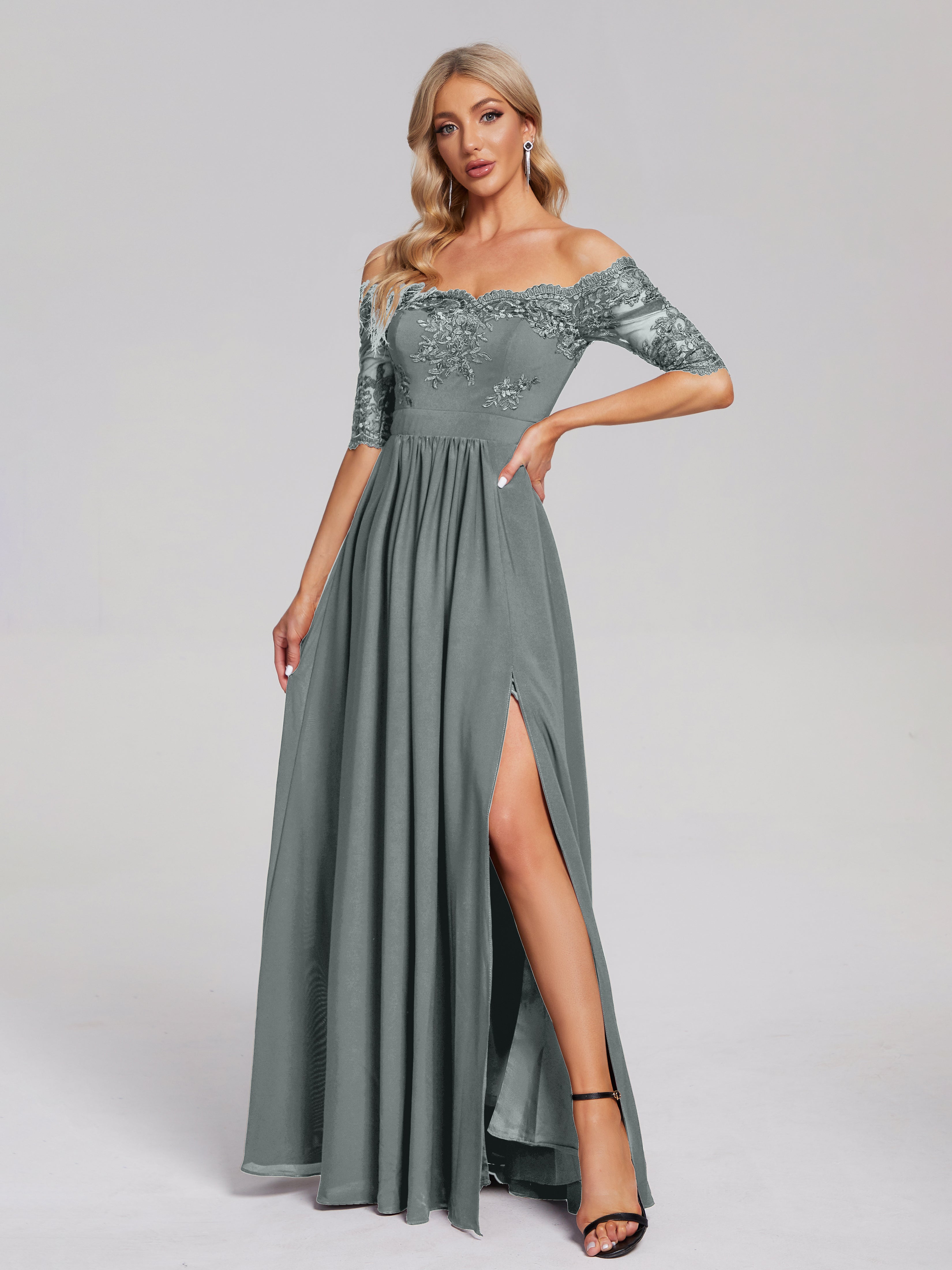 Keira Off the Shoulder Appliqued Lace Chiffon Bridesmaid Dress