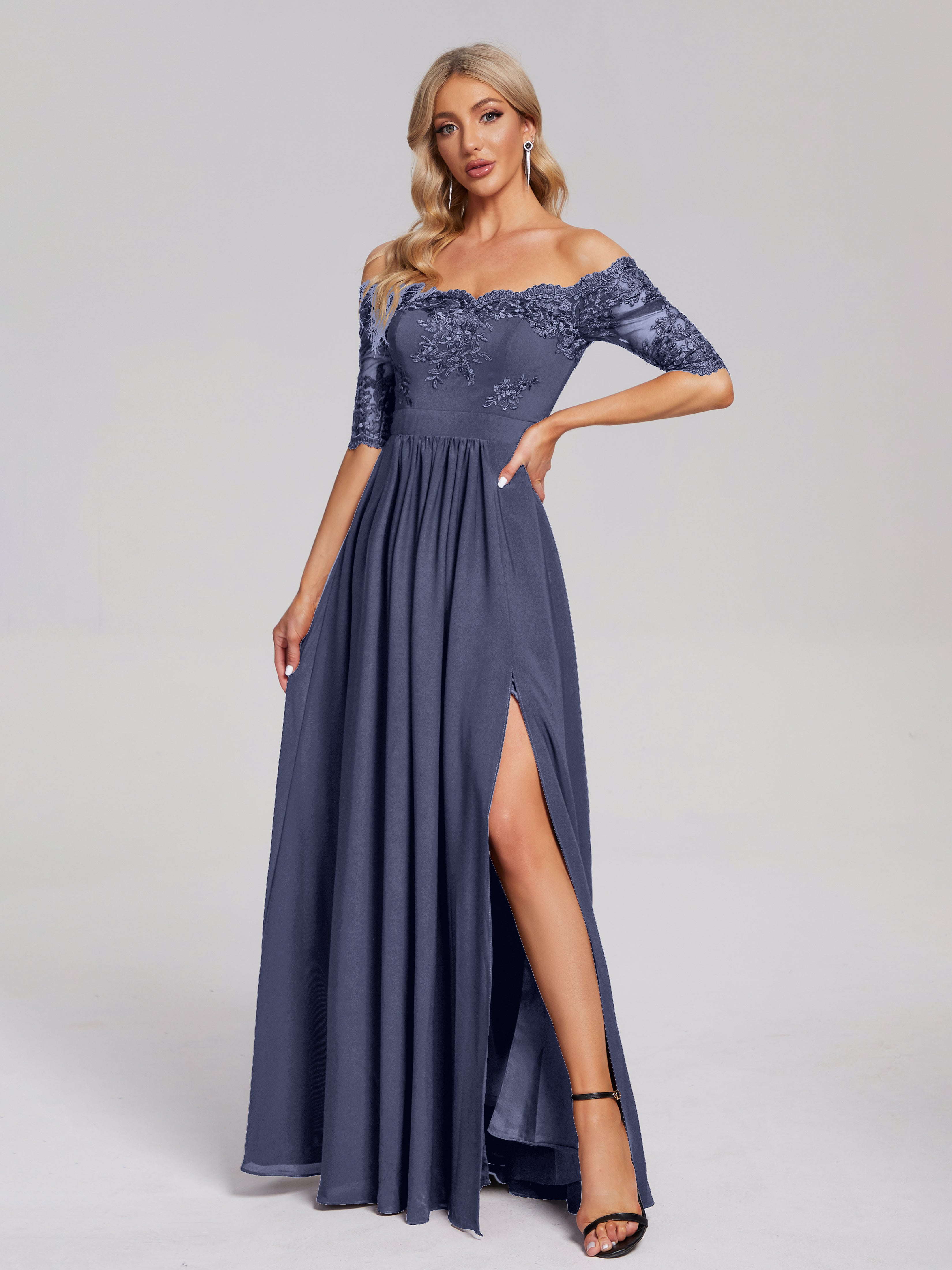 Keira Off the Shoulder Appliqued Lace Chiffon Bridesmaid Dress