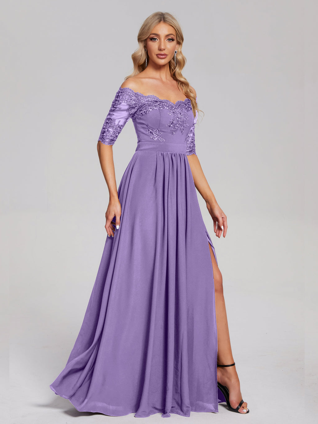 Keira Off the Shoulder Appliqued Lace Chiffon Bridesmaid Dress