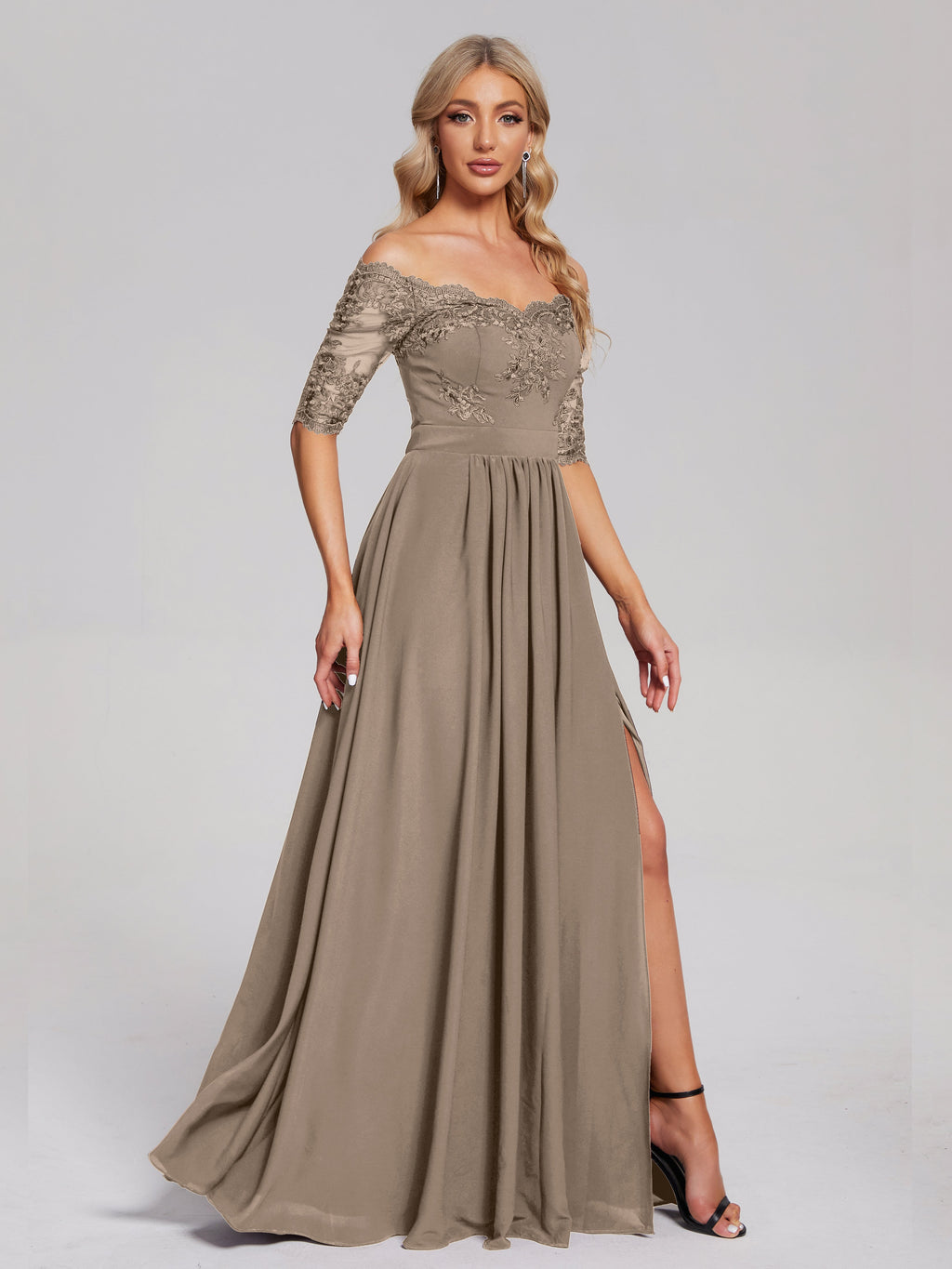 Keira Off the Shoulder Appliqued Lace Chiffon Bridesmaid Dress