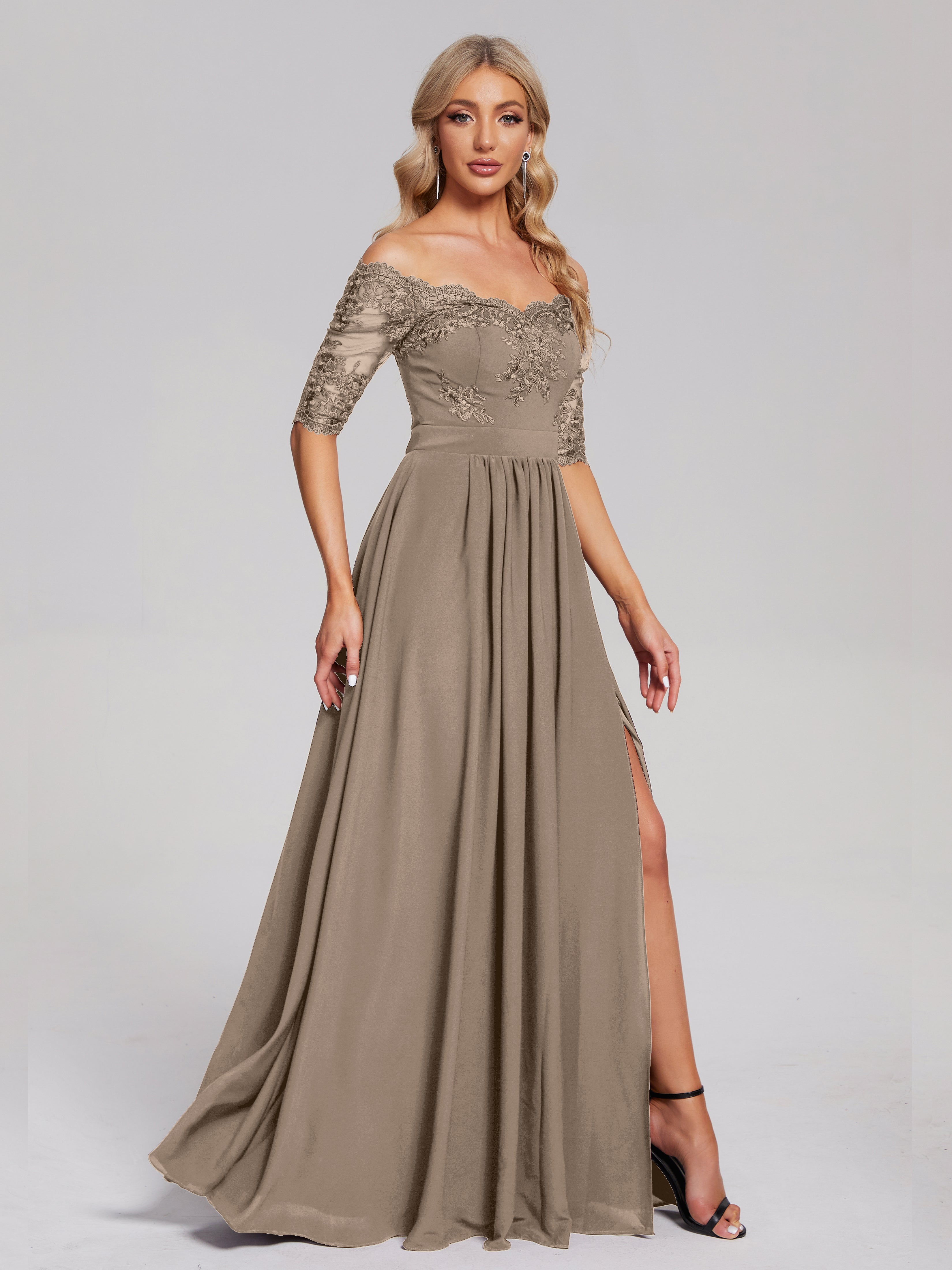 Keira Off the Shoulder Appliqued Lace Chiffon Bridesmaid Dress