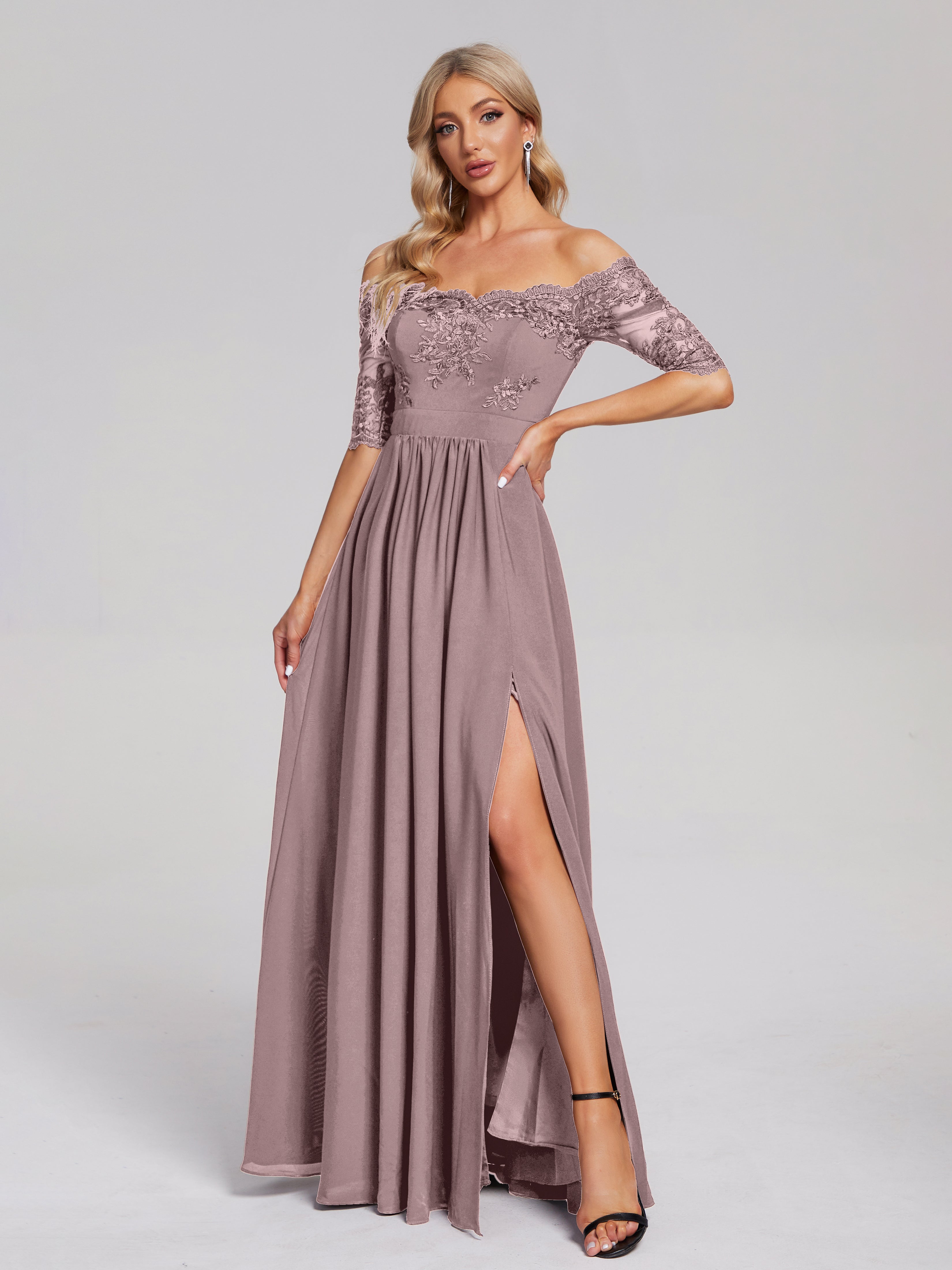 Keira Off the Shoulder Appliqued Lace Chiffon Bridesmaid Dress
