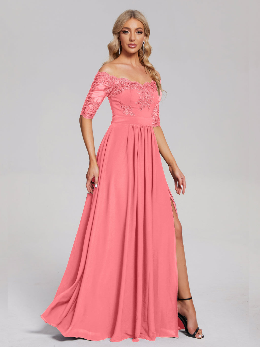 Keira Off the Shoulder Appliqued Lace Chiffon Bridesmaid Dress
