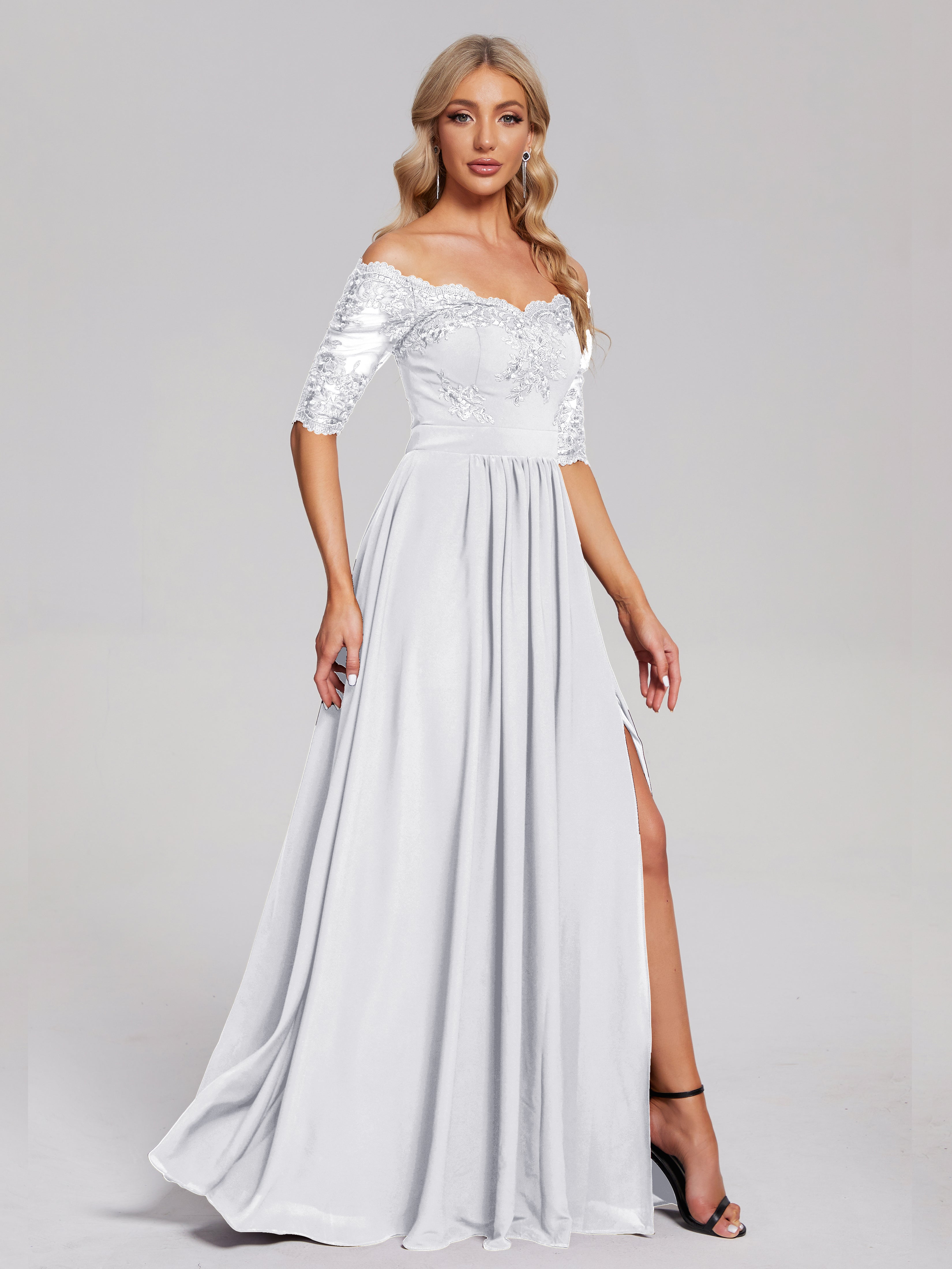 Keira Off the Shoulder Appliqued Lace Chiffon Bridesmaid Dress