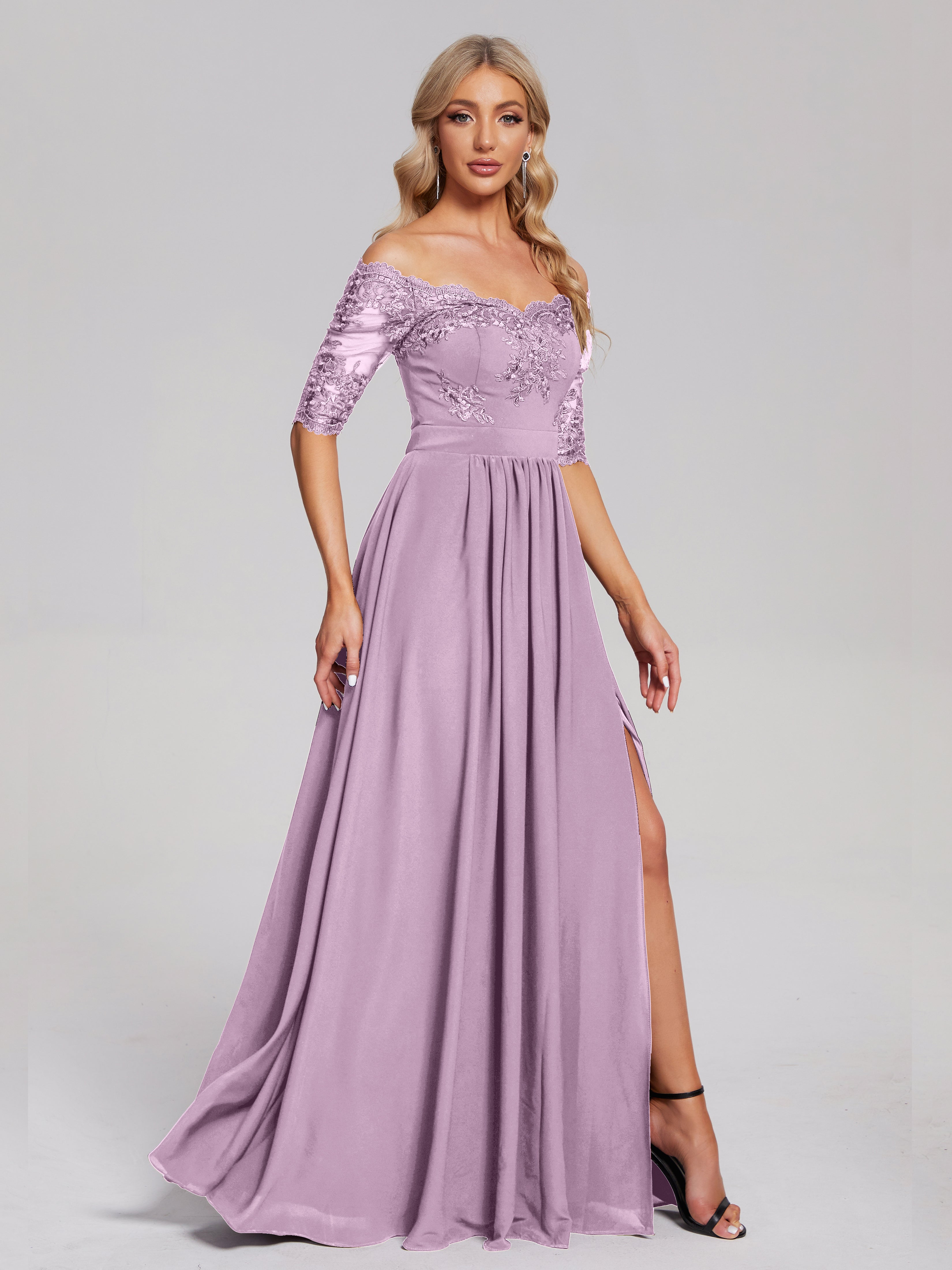 Keira Off the Shoulder Appliqued Lace Chiffon Bridesmaid Dress