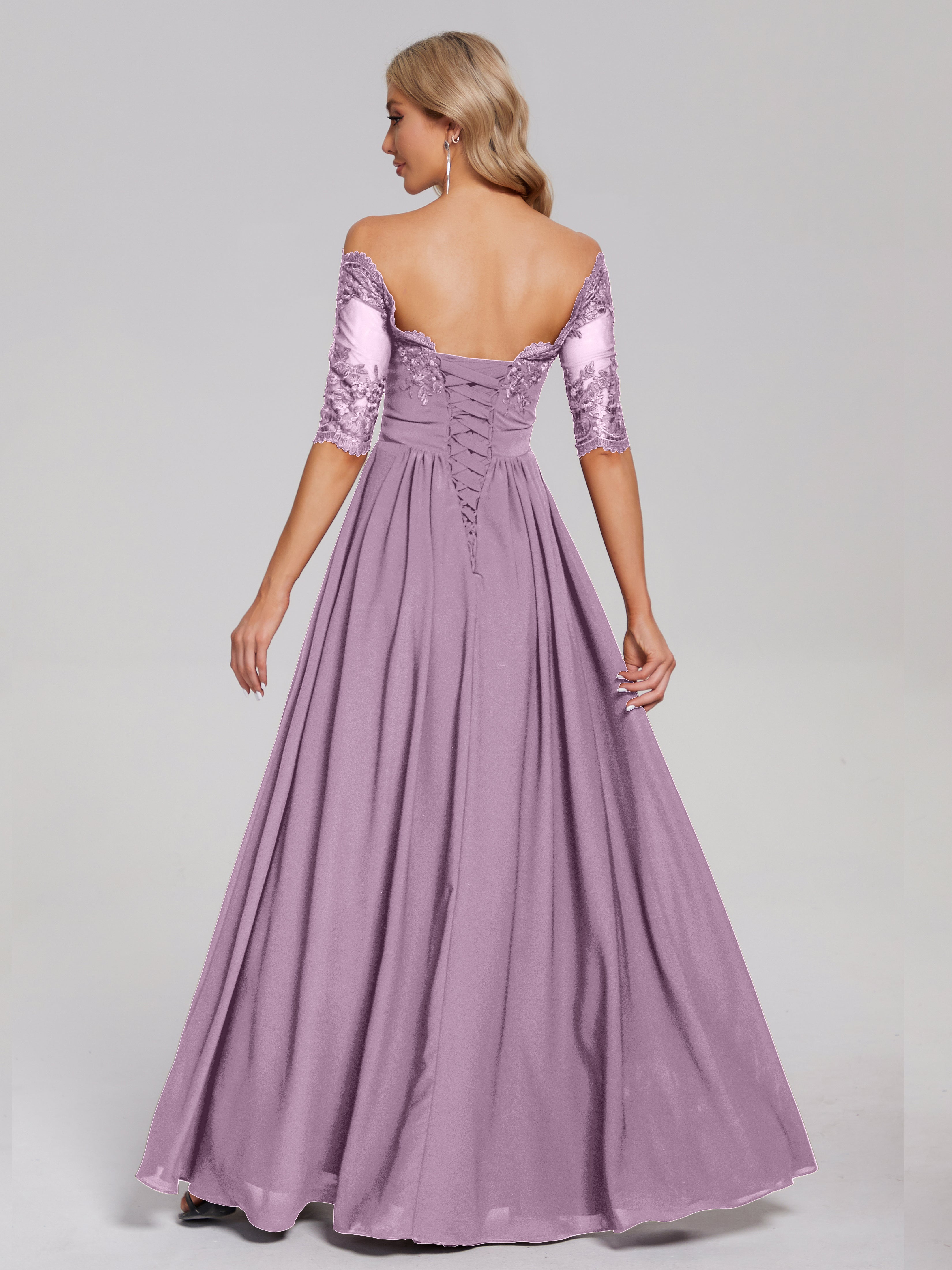 Keira Off the Shoulder Appliqued Lace Chiffon Bridesmaid Dress