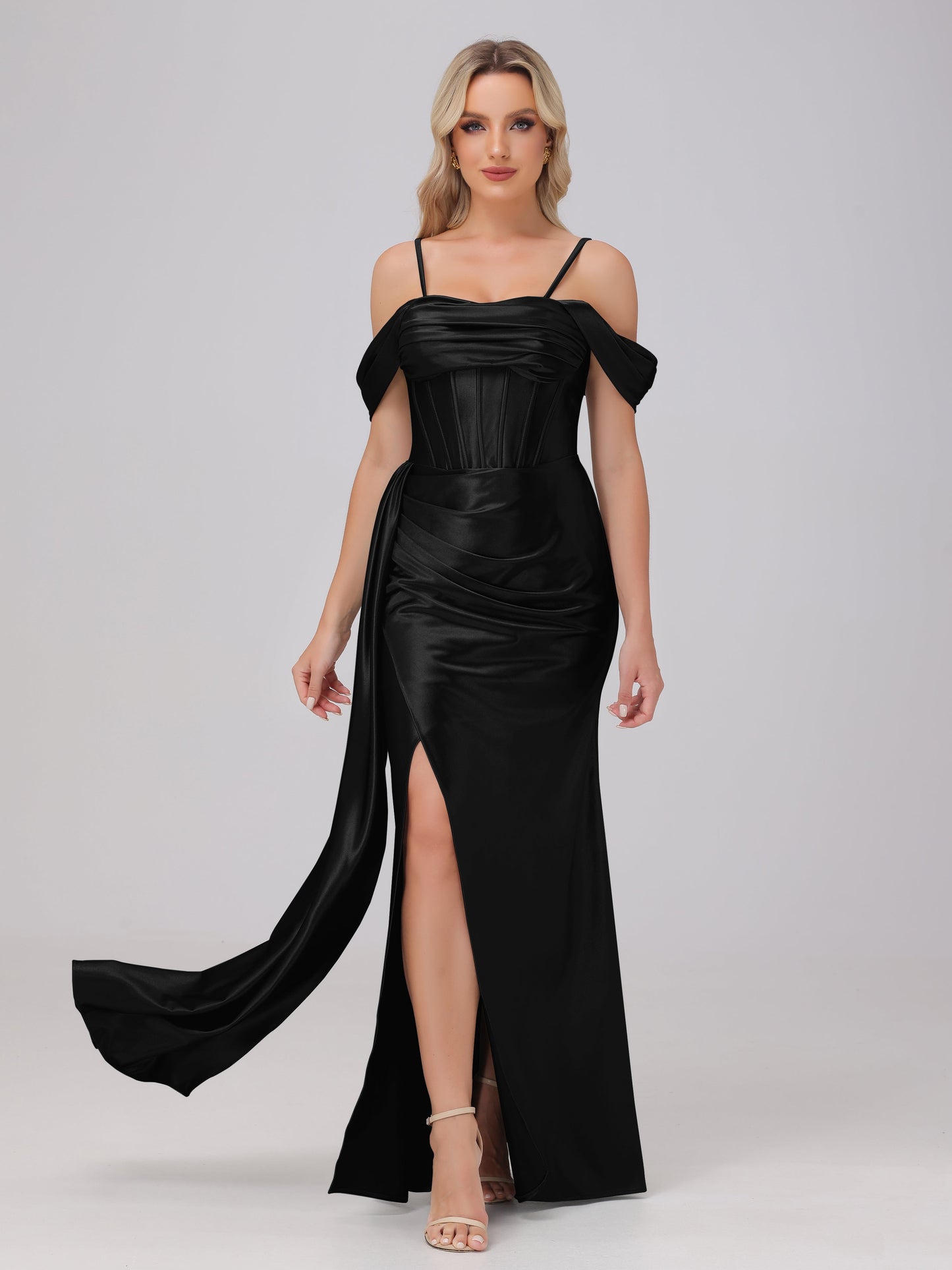 Off the Shoulder Straps Bodice Zip Back Bridesmaid Dresses with Slit