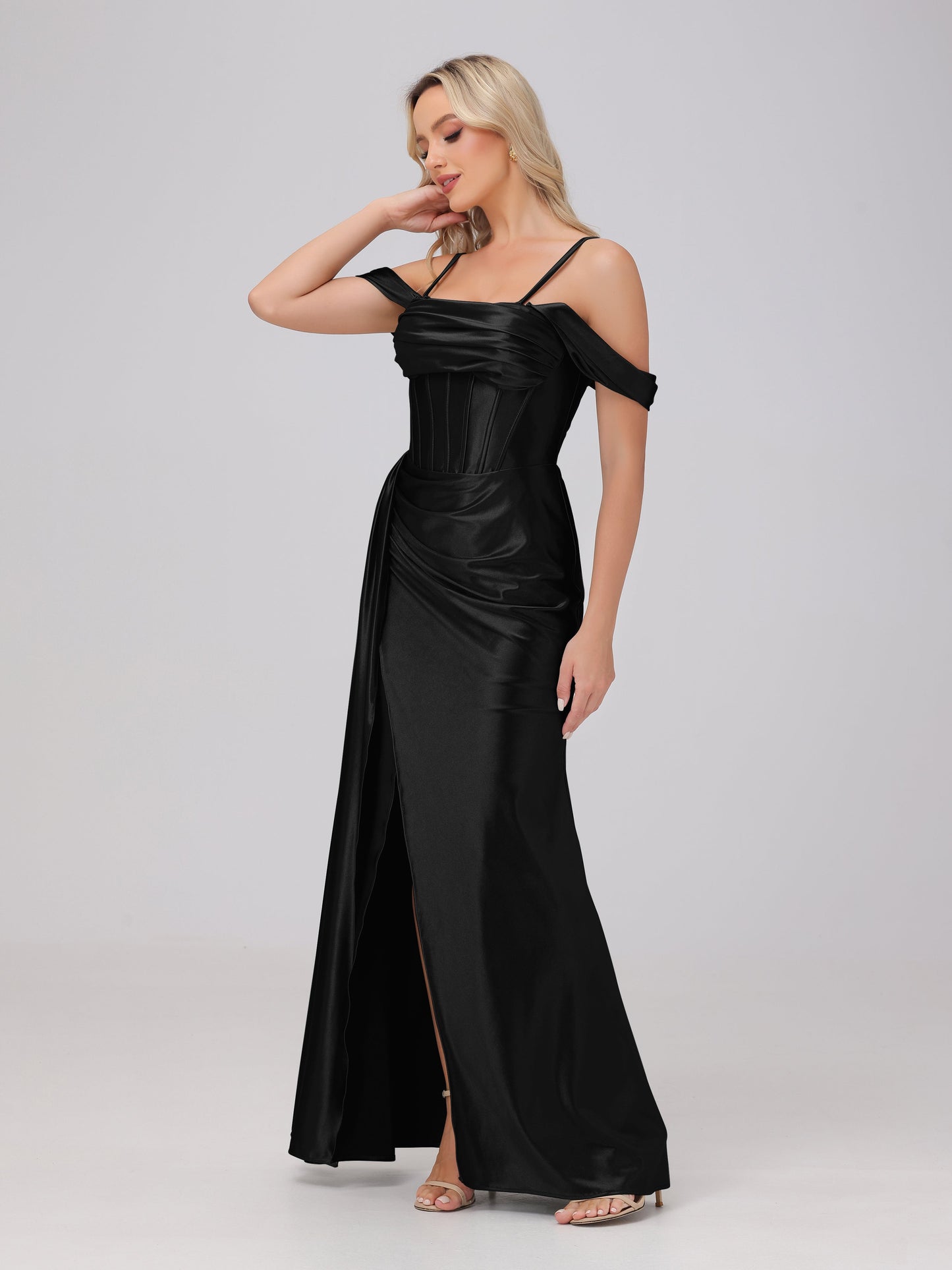 Off the Shoulder Straps Bodice Zip Back Bridesmaid Dresses with Slit