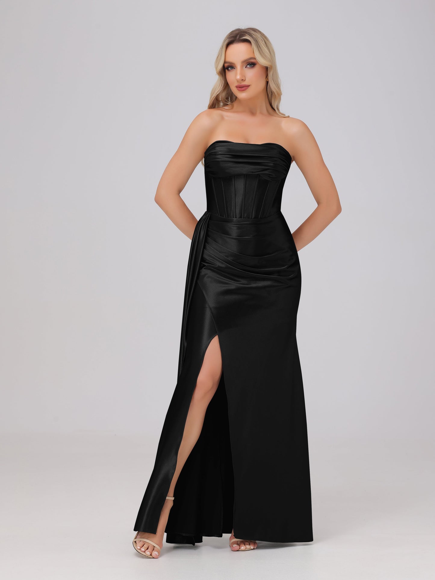 Off the Shoulder Straps Bodice Zip Back Bridesmaid Dresses with Slit