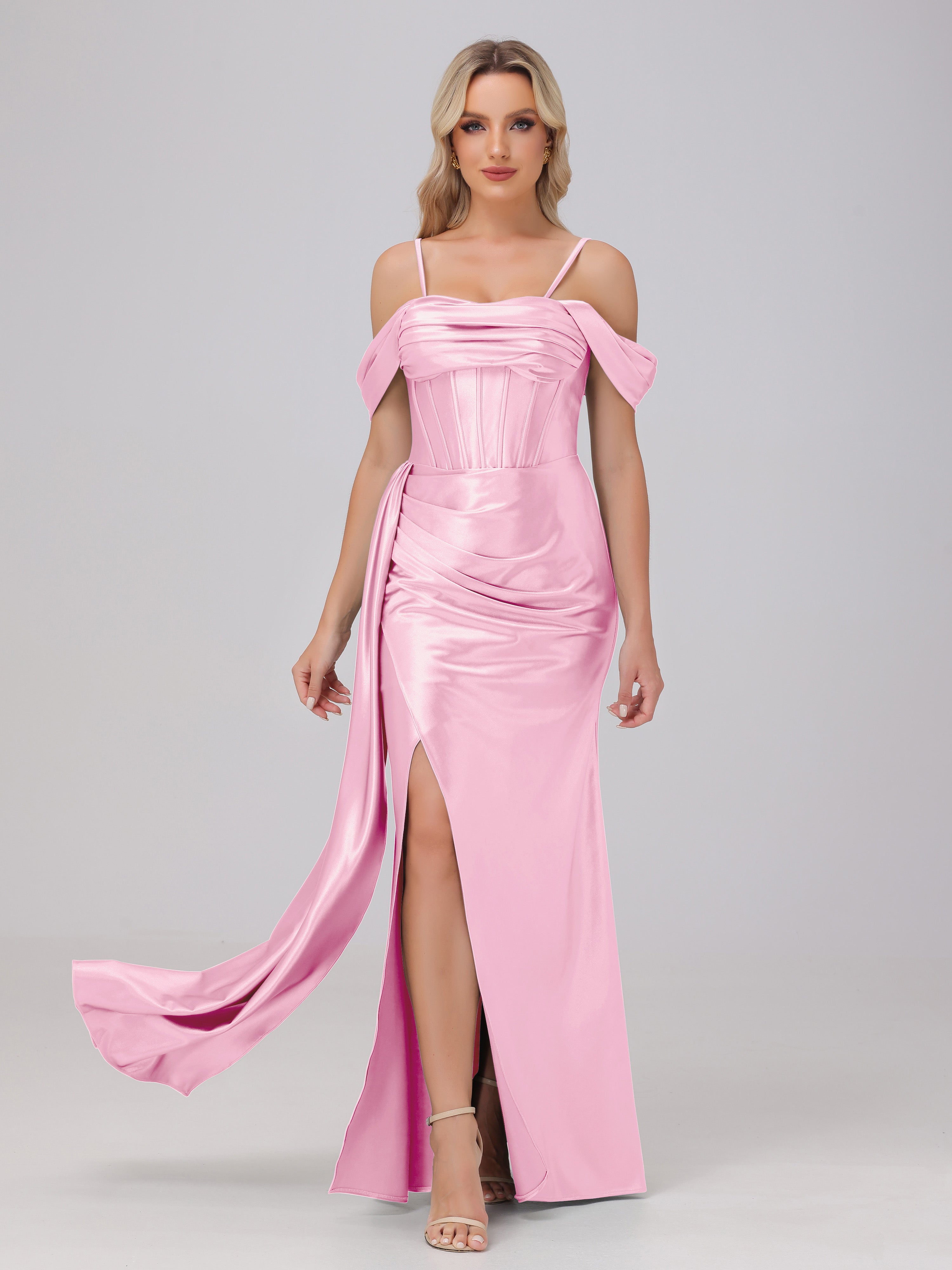 Off the Shoulder Straps Bodice Zip Back Bridesmaid Dresses with Slit