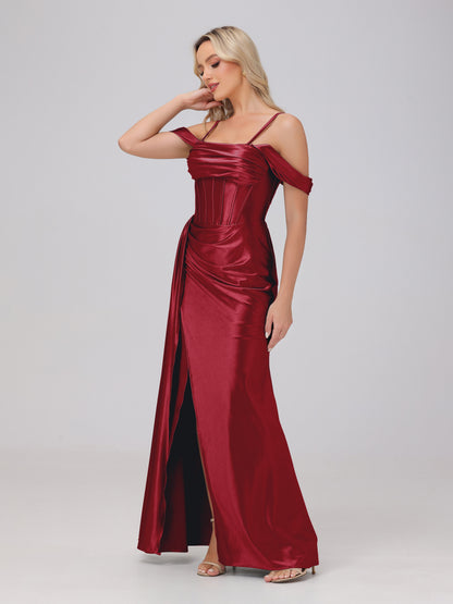 Off the Shoulder Straps Bodice Zip Back Bridesmaid Dresses with Slit