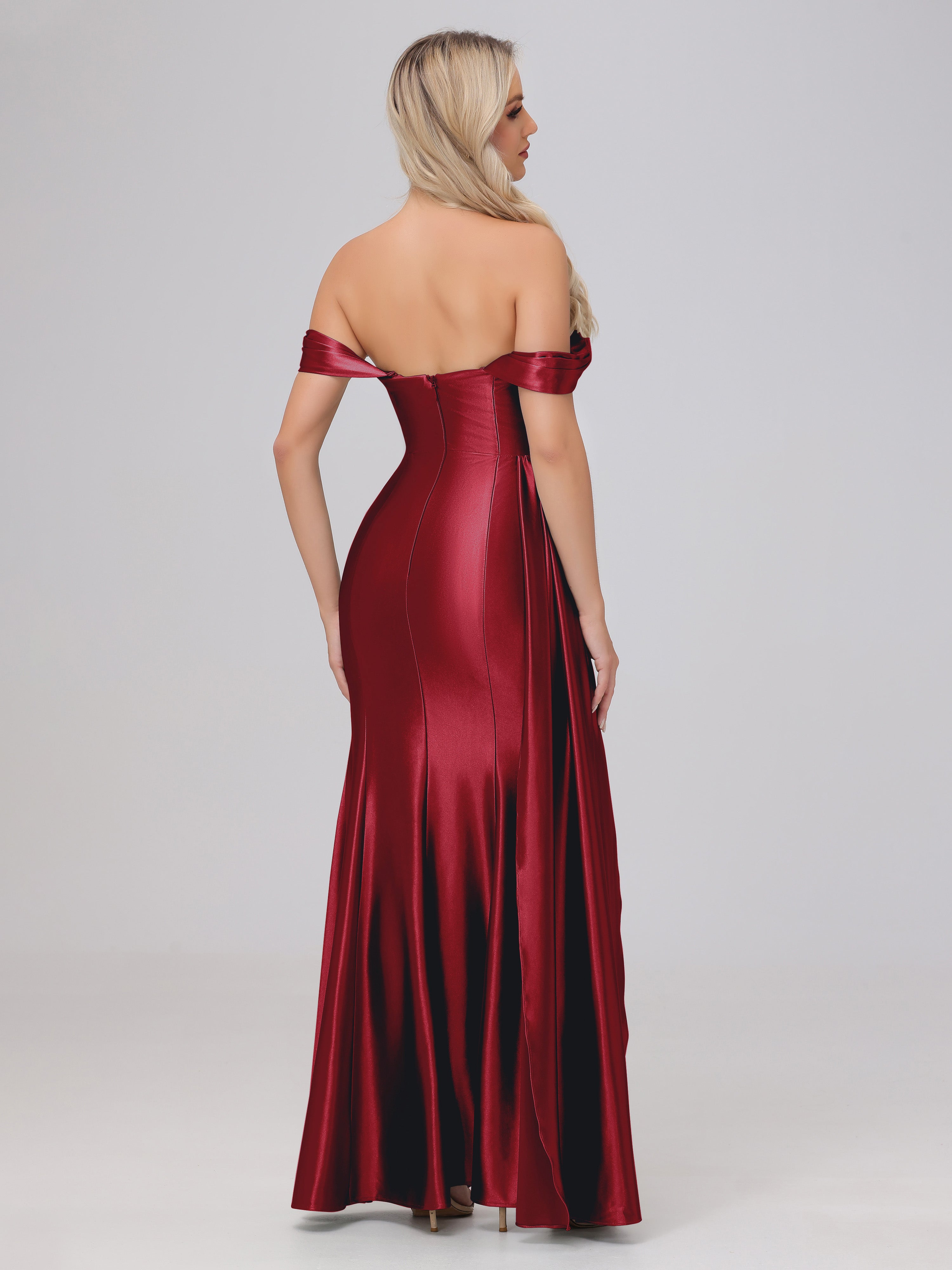Off the Shoulder Straps Bodice Zip Back Bridesmaid Dresses with Slit