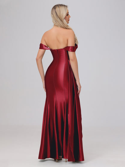 Off the Shoulder Straps Bodice Zip Back Bridesmaid Dresses with Slit