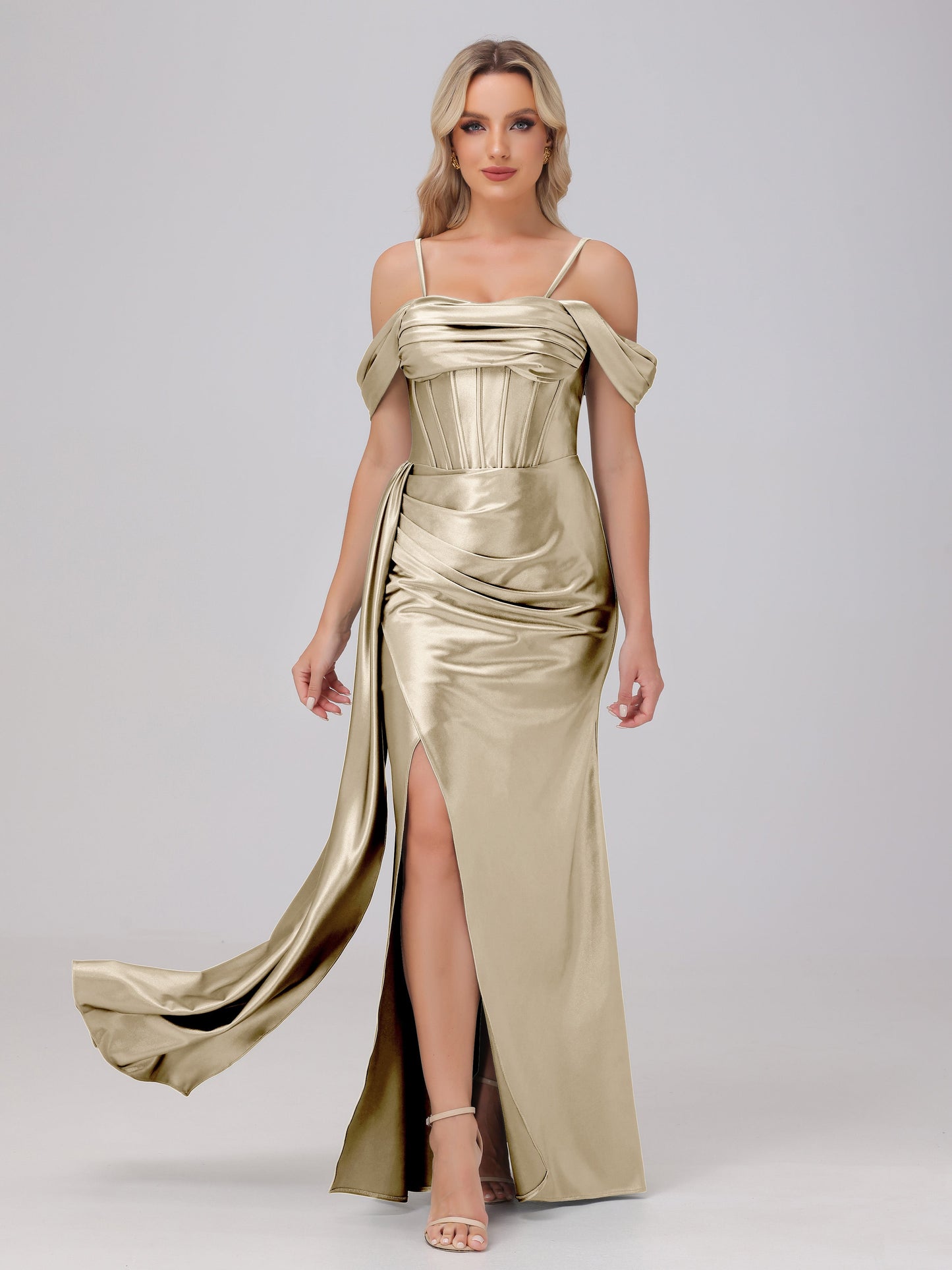 Off the Shoulder Straps Bodice Zip Back Bridesmaid Dresses with Slit