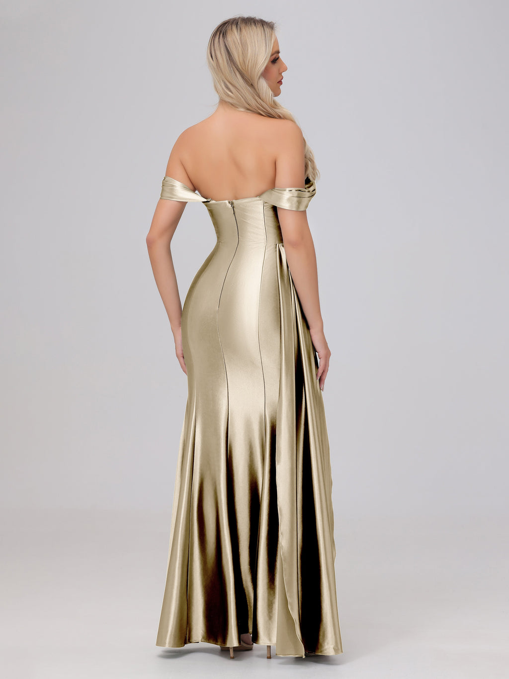 Off the Shoulder Straps Bodice Zip Back Bridesmaid Dresses with Slit