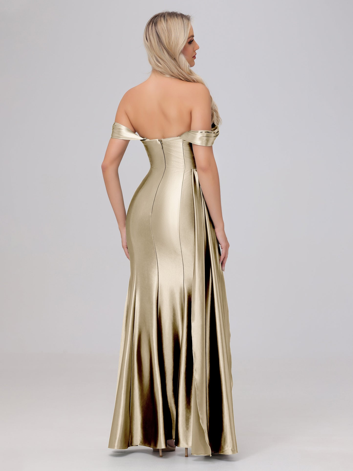 Off the Shoulder Straps Bodice Zip Back Bridesmaid Dresses with Slit