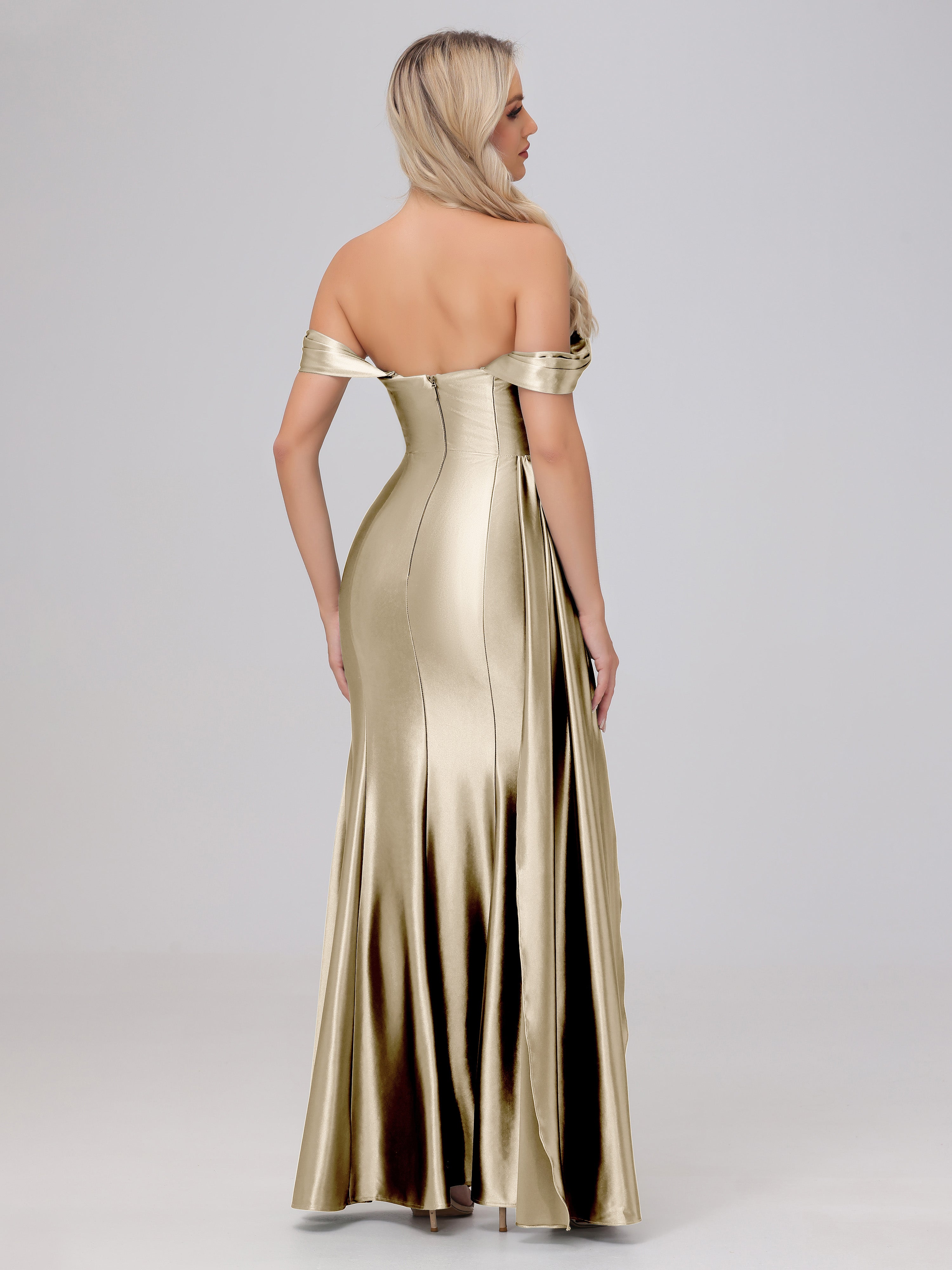 Off the Shoulder Straps Bodice Zip Back Bridesmaid Dresses with Slit