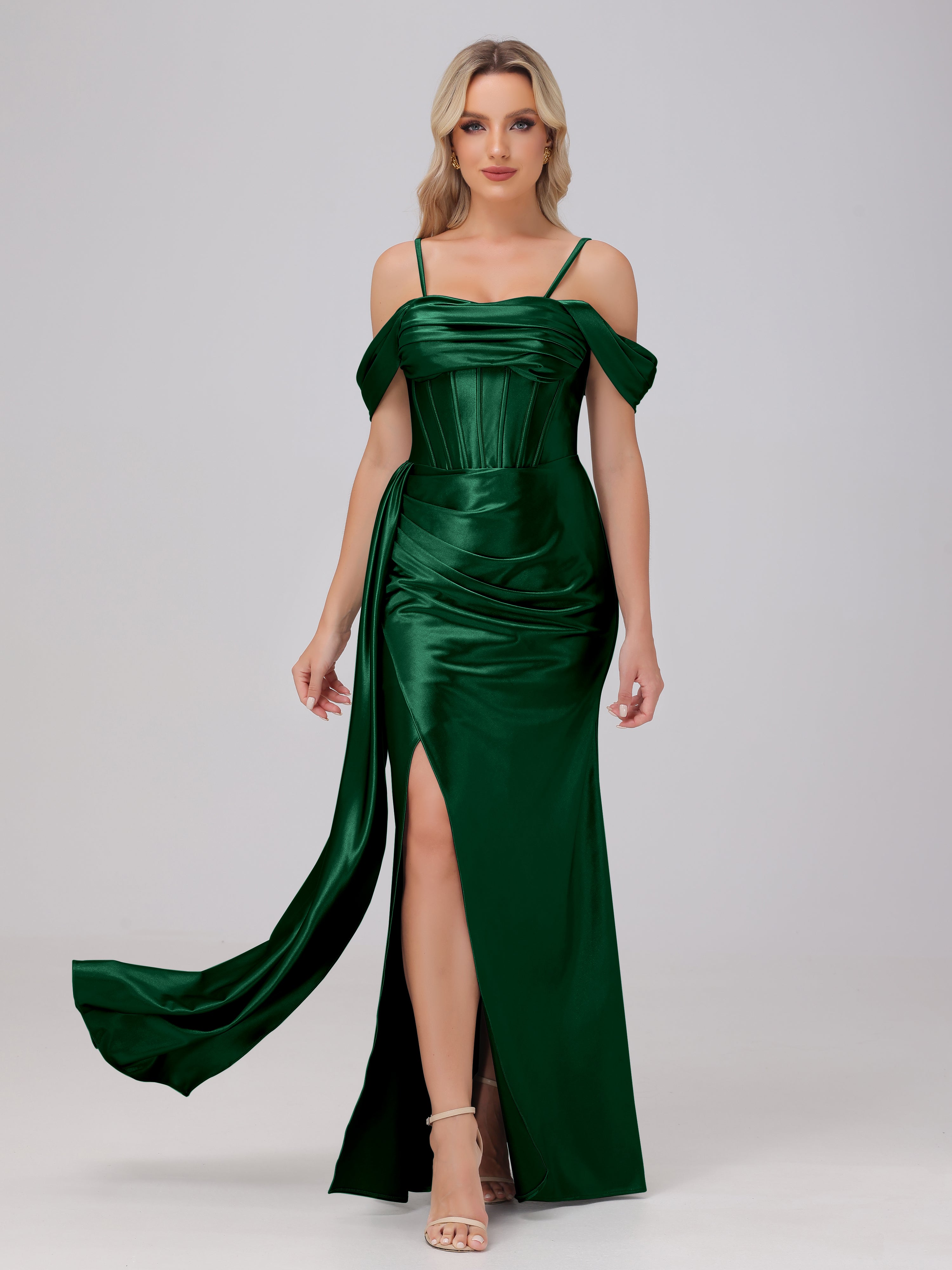 Off the Shoulder Straps Bodice Zip Back Bridesmaid Dresses with Slit