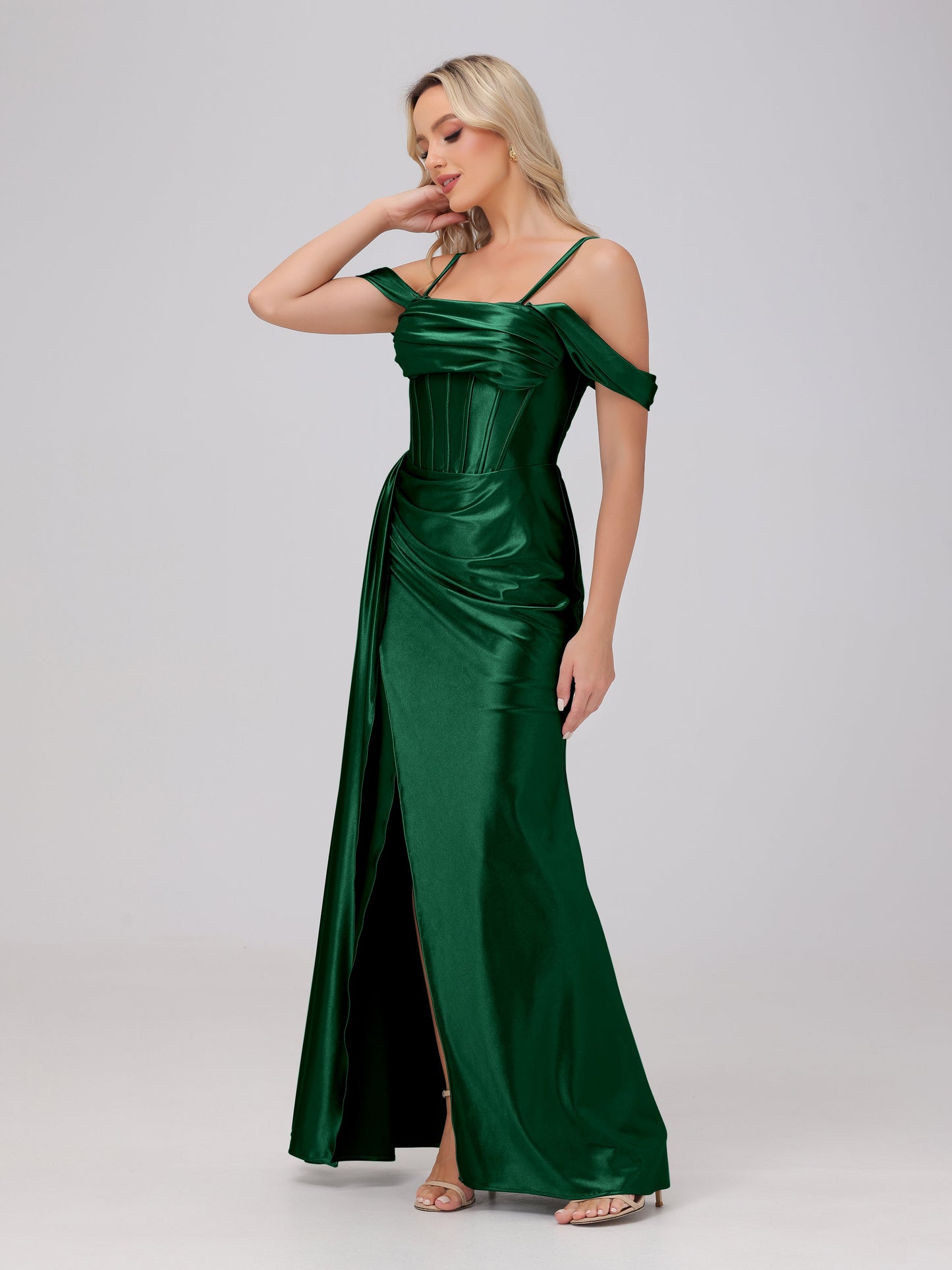 Off the Shoulder Straps Bodice Zip Back Bridesmaid Dresses with Slit