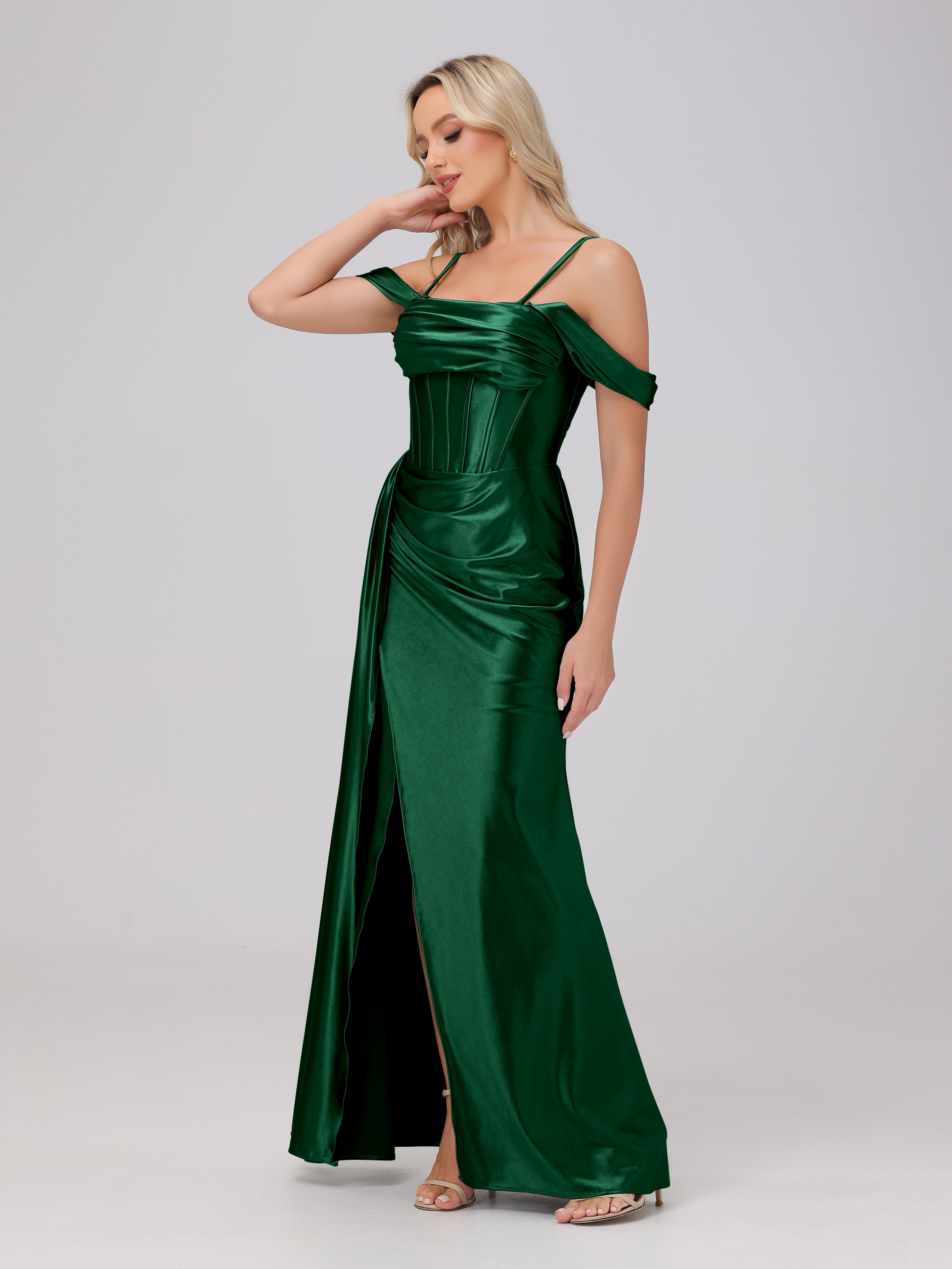 Off the Shoulder Straps Bodice Zip Back Bridesmaid Dresses with Slit