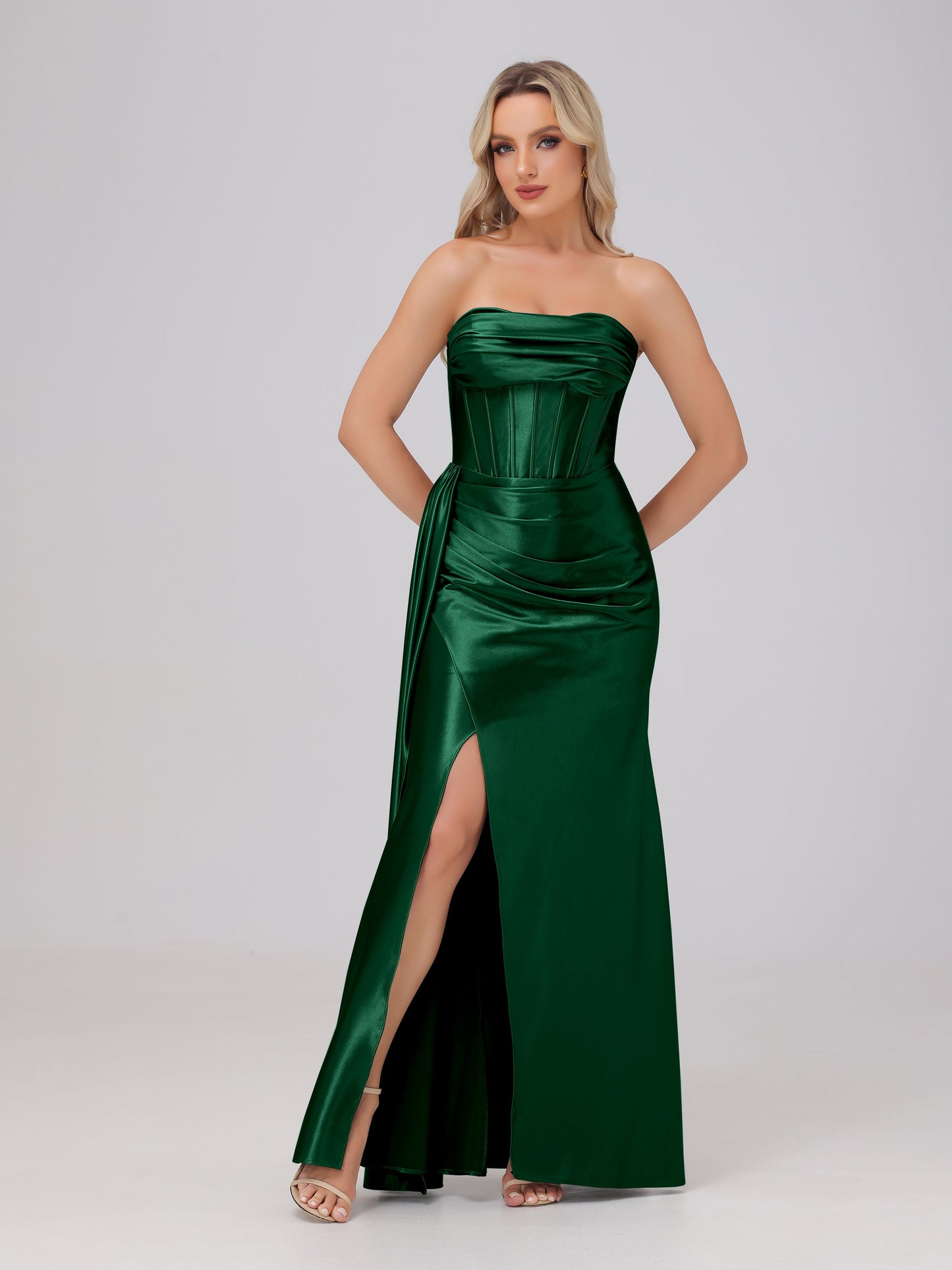 Off the Shoulder Straps Bodice Zip Back Bridesmaid Dresses with Slit